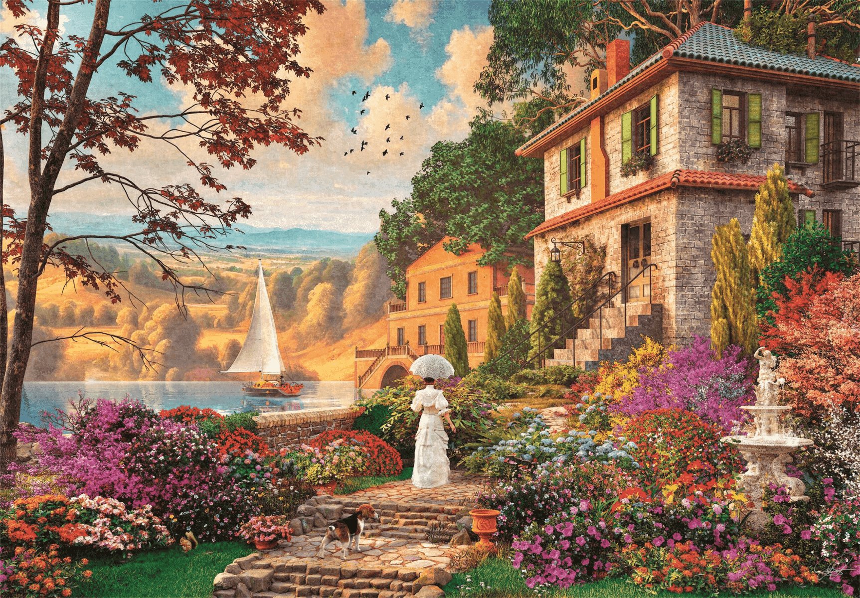 Una mujer con un parasol camina en un jardín con un velero y dos casas.