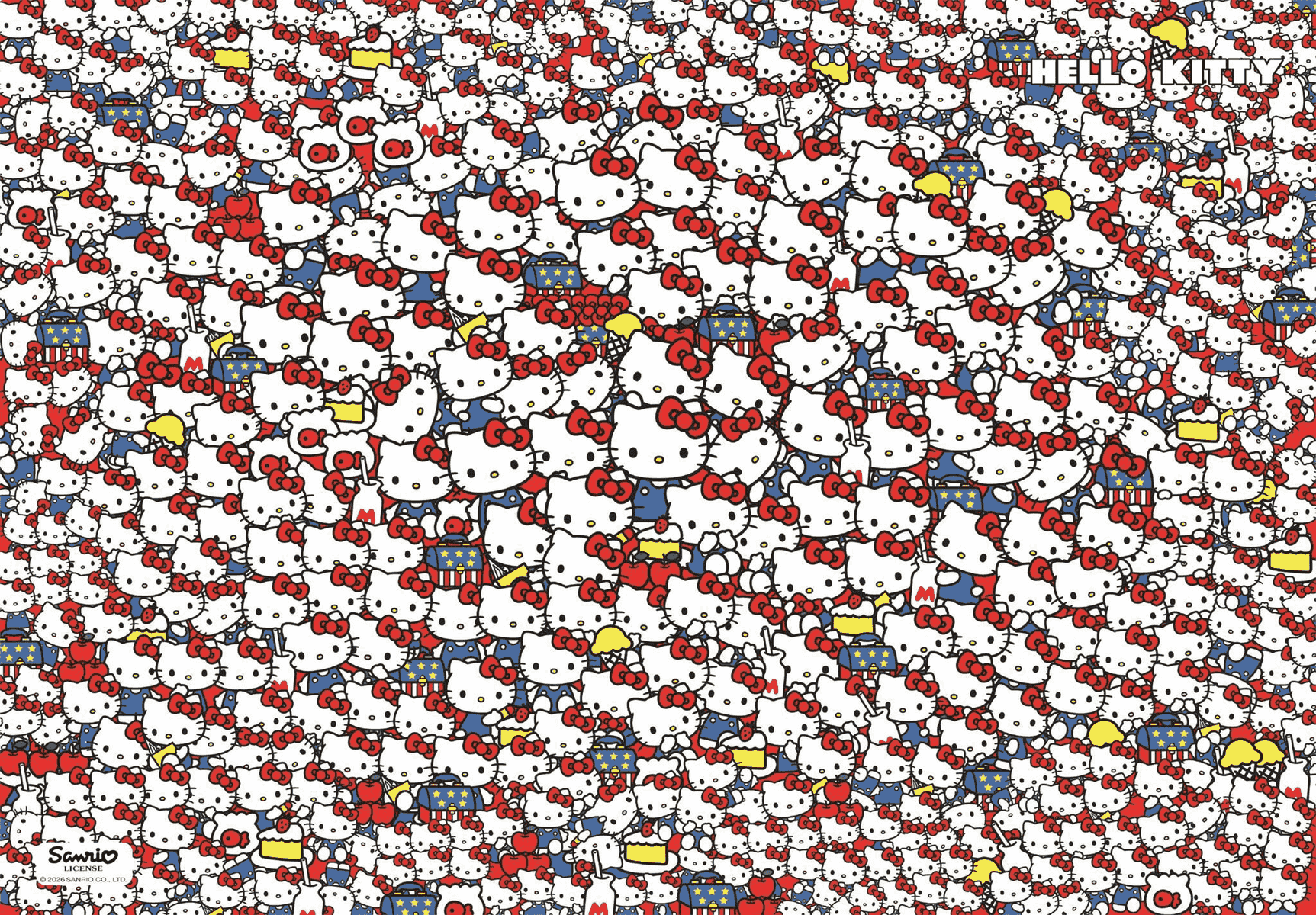 Muchas figuras de Hello Kitty con lazos rojos sobre fondo azul, blanco y rojo.