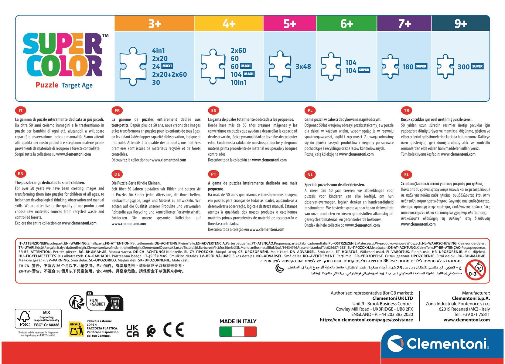 Embalaje de puzle Clementoni con recomendaciones de edad (3+ a 9+).