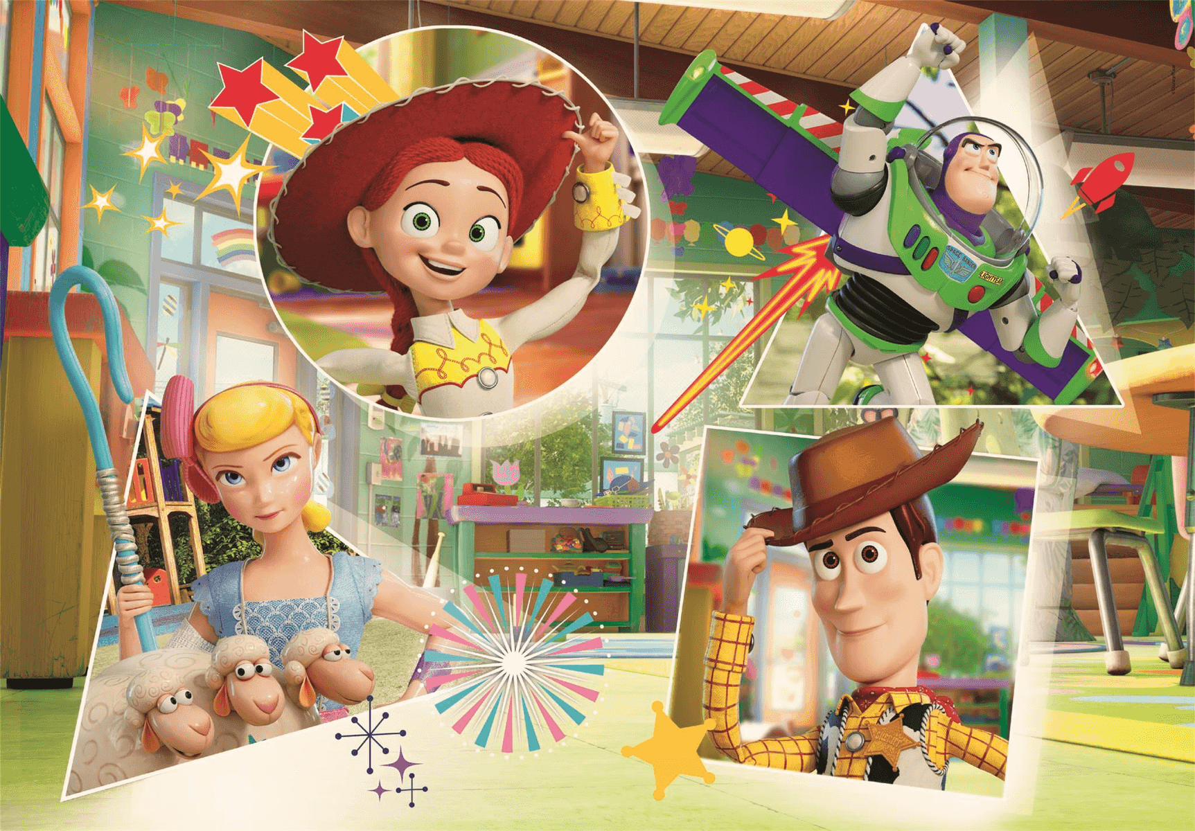 Personajes de Toy Story: Jessie, Buzz Lightyear, Woody y Bo Peep con sus ovejas.