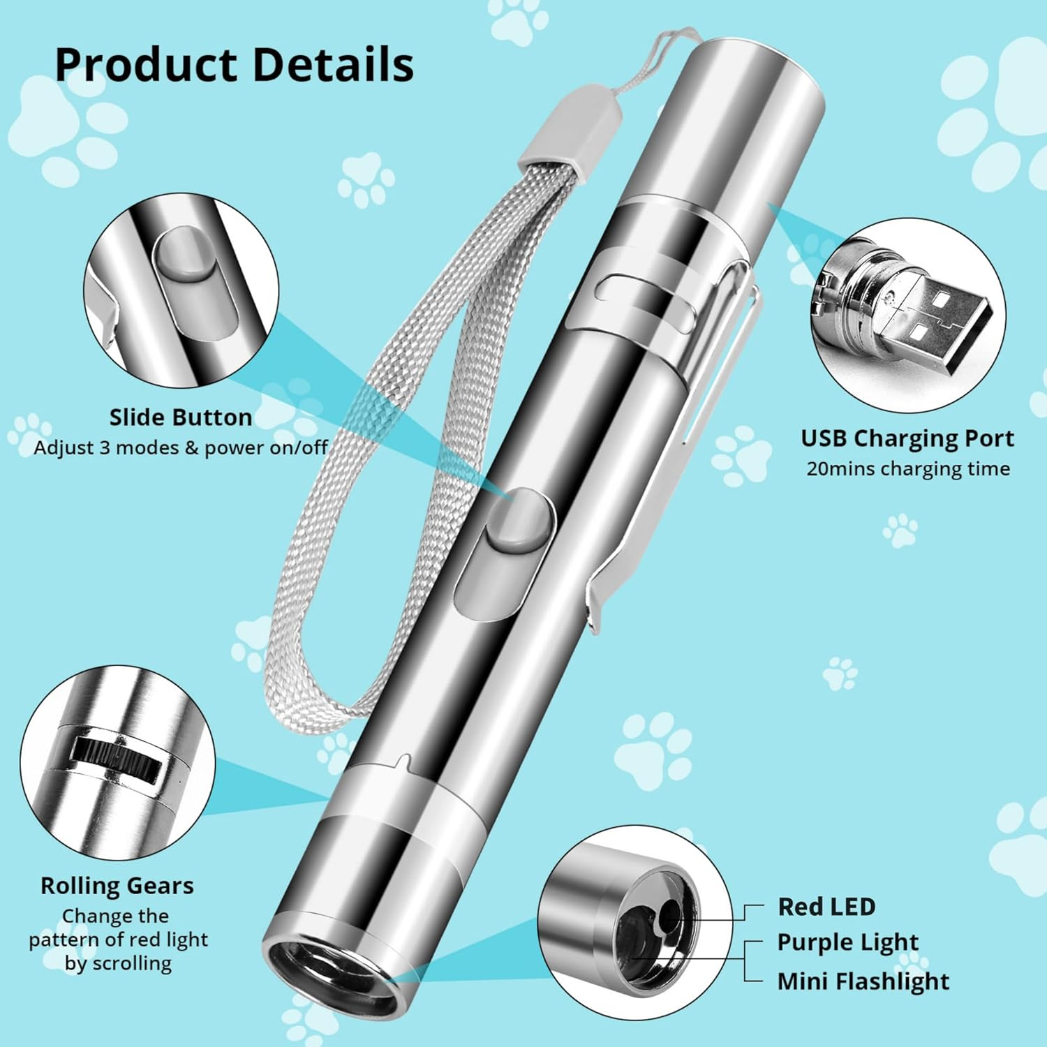Silberner Laserpointer mit USB-Ladeanschluss, Schiebeschalter und Rollgetriebe.
