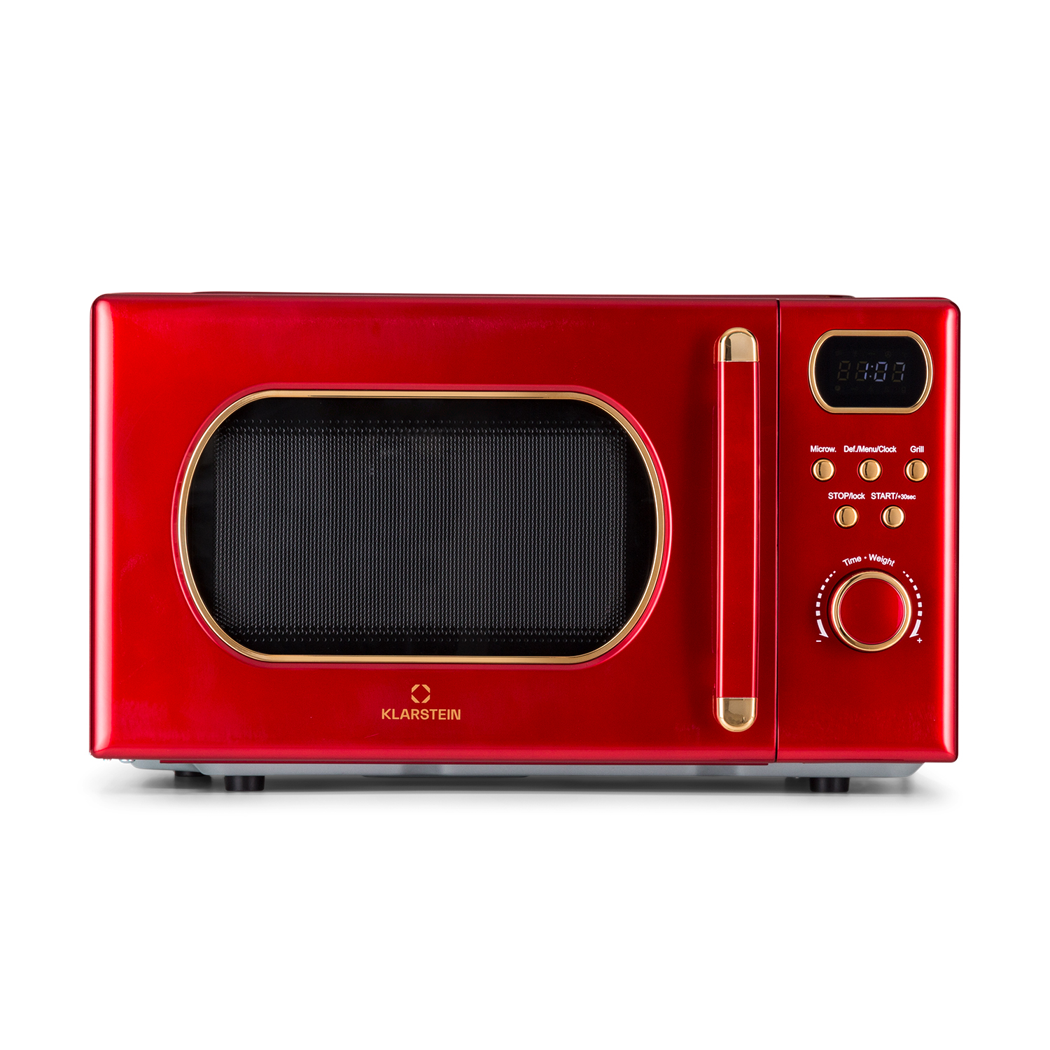 Ein rotes Retro-Mikrowellenherd mit goldenen Akzenten und einem digitalen Display.