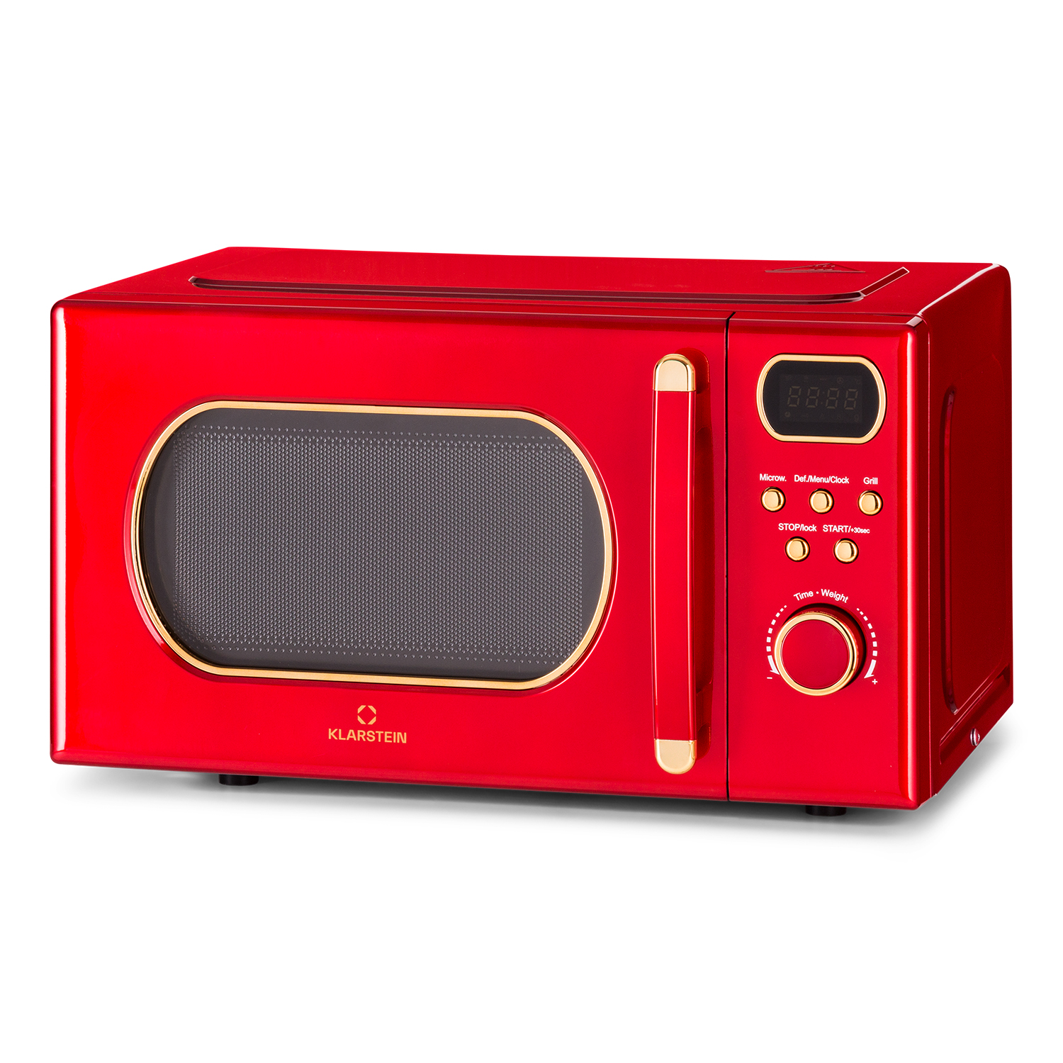 Eine rote Retro-Mikrowelle mit goldfarbenem Tür- und Griffbesatz, Digitalanzeige und Drehreglern.