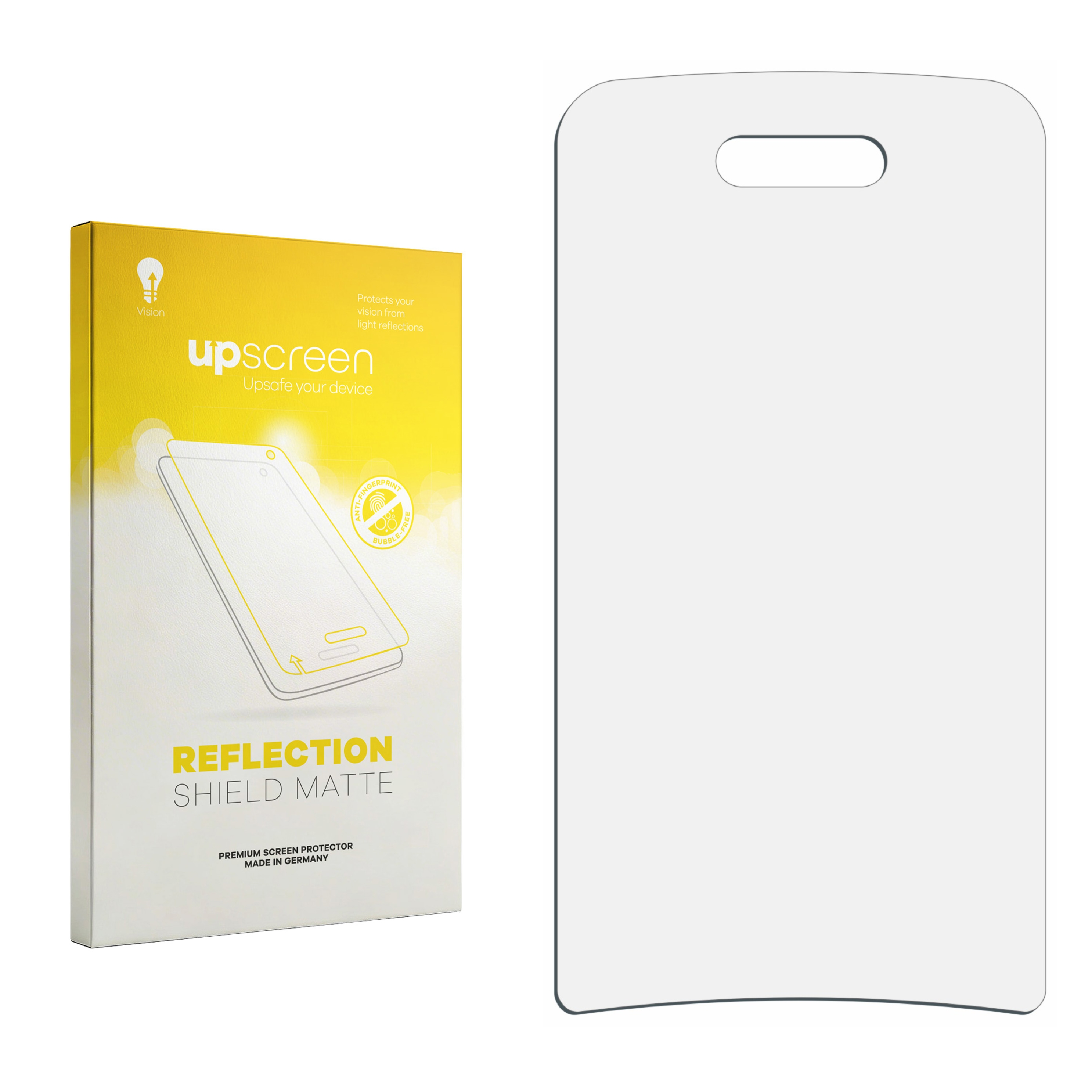 Eine gelbe Box mit Text 'upscreen' und 'Reflection Shield Matte' und einem Displayschutz.