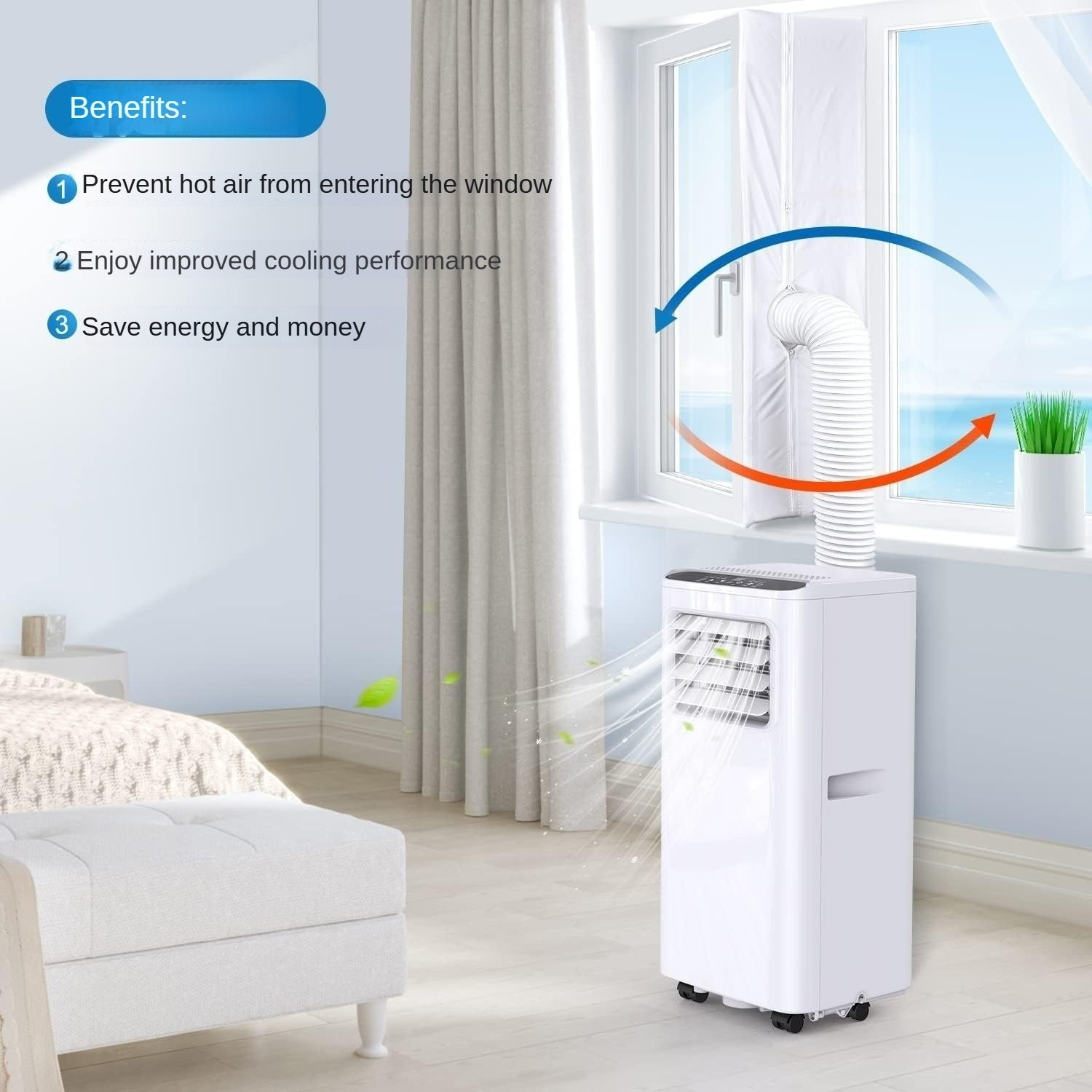 Ein weißer tragbarer Klimaanlage mit einem Schlauch, der durch ein Fenster führt.