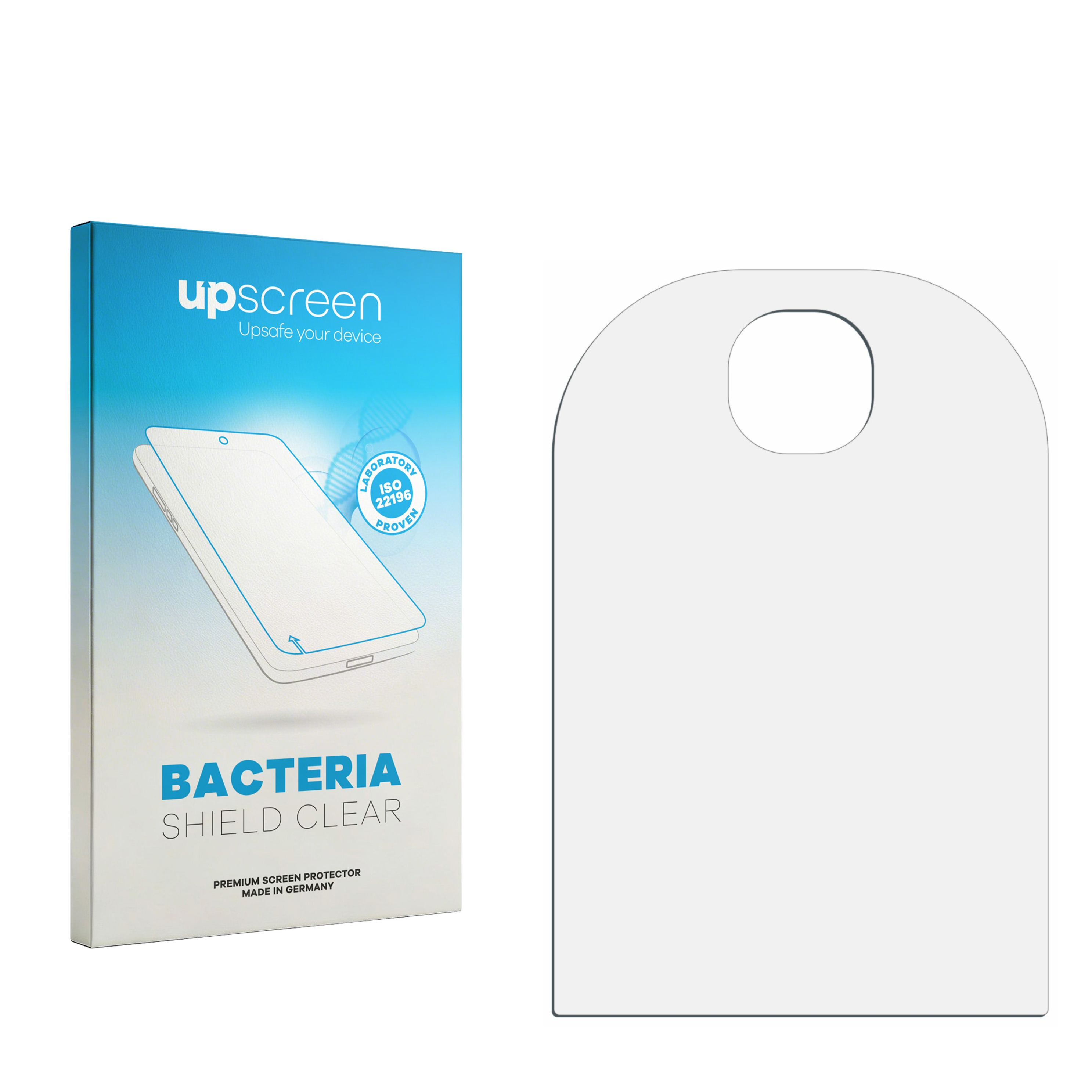 Verpackung für einen Displayschutz gegen Bakterien und ein weißes Objekt.