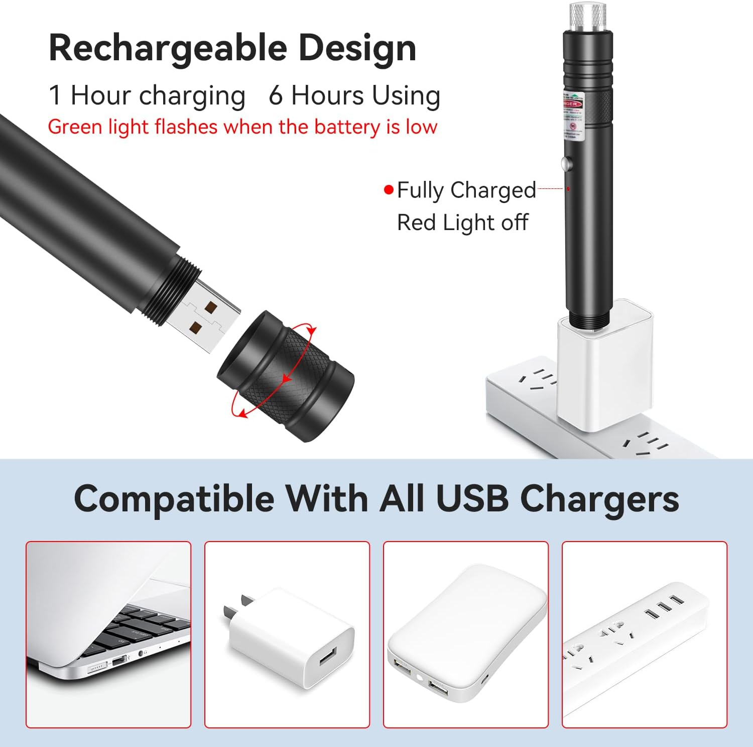 Schwarzer Laserpointer wird aufgeladen, kompatibel mit USB-Ladegeräten.