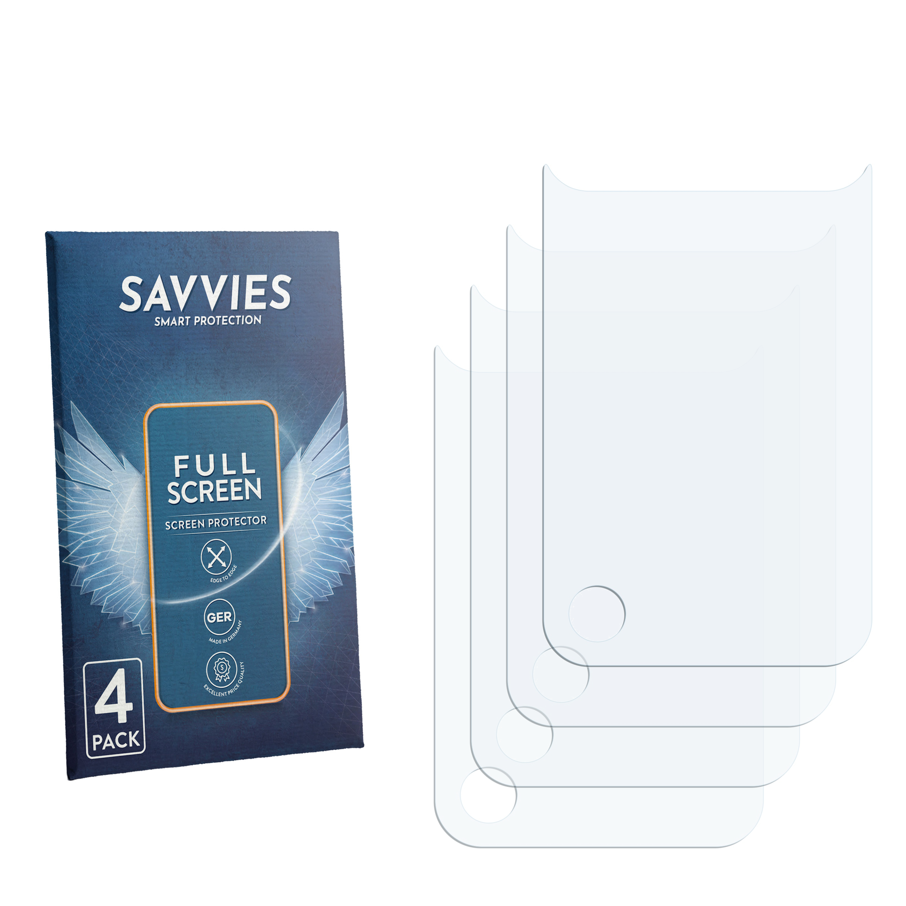Verpackung für Displayschutzfolien und drei transparente Schutzfolien.