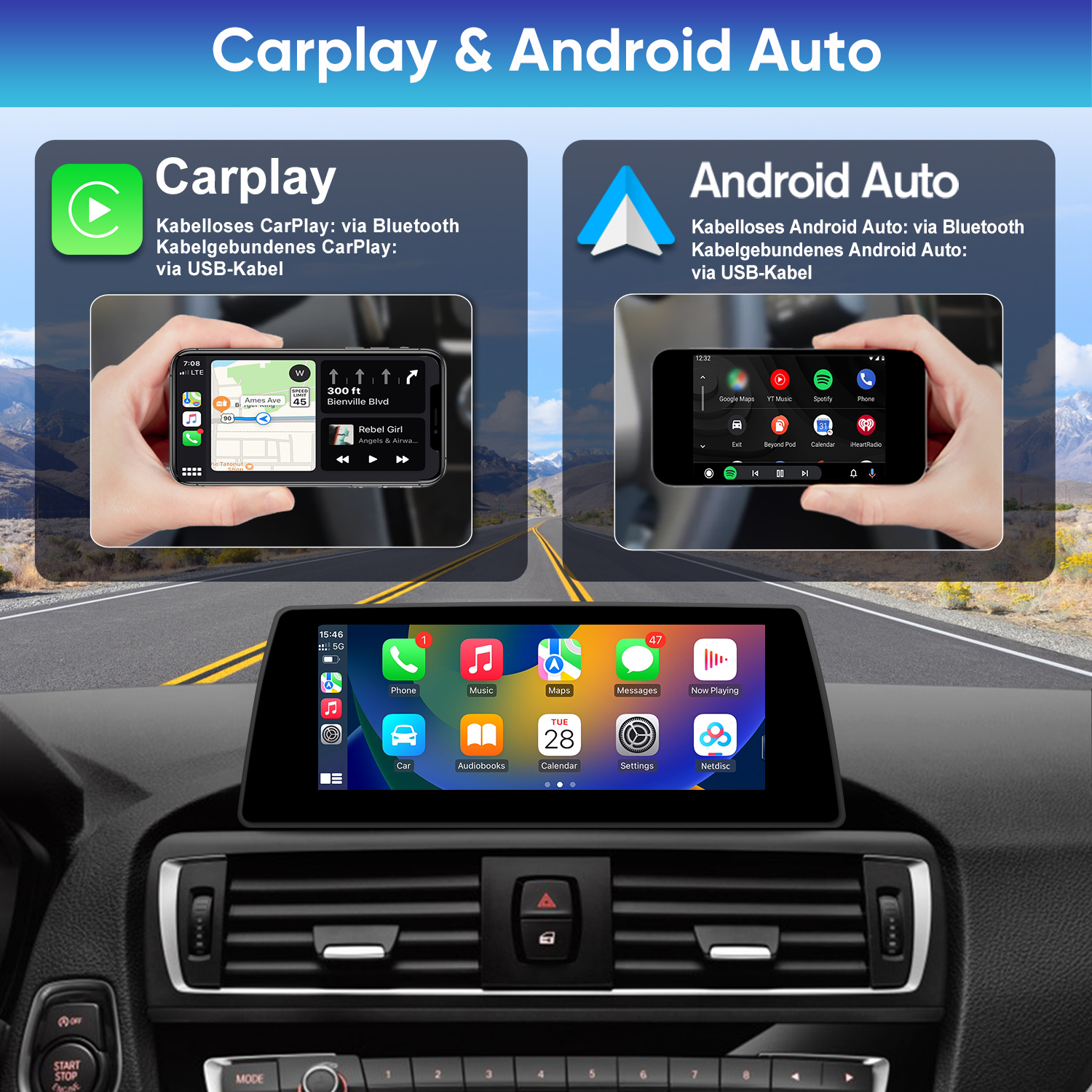 Bildschirm eines Autos mit CarPlay und Android Auto, gezeigt auf Smartphones und Infotainmentsystem.