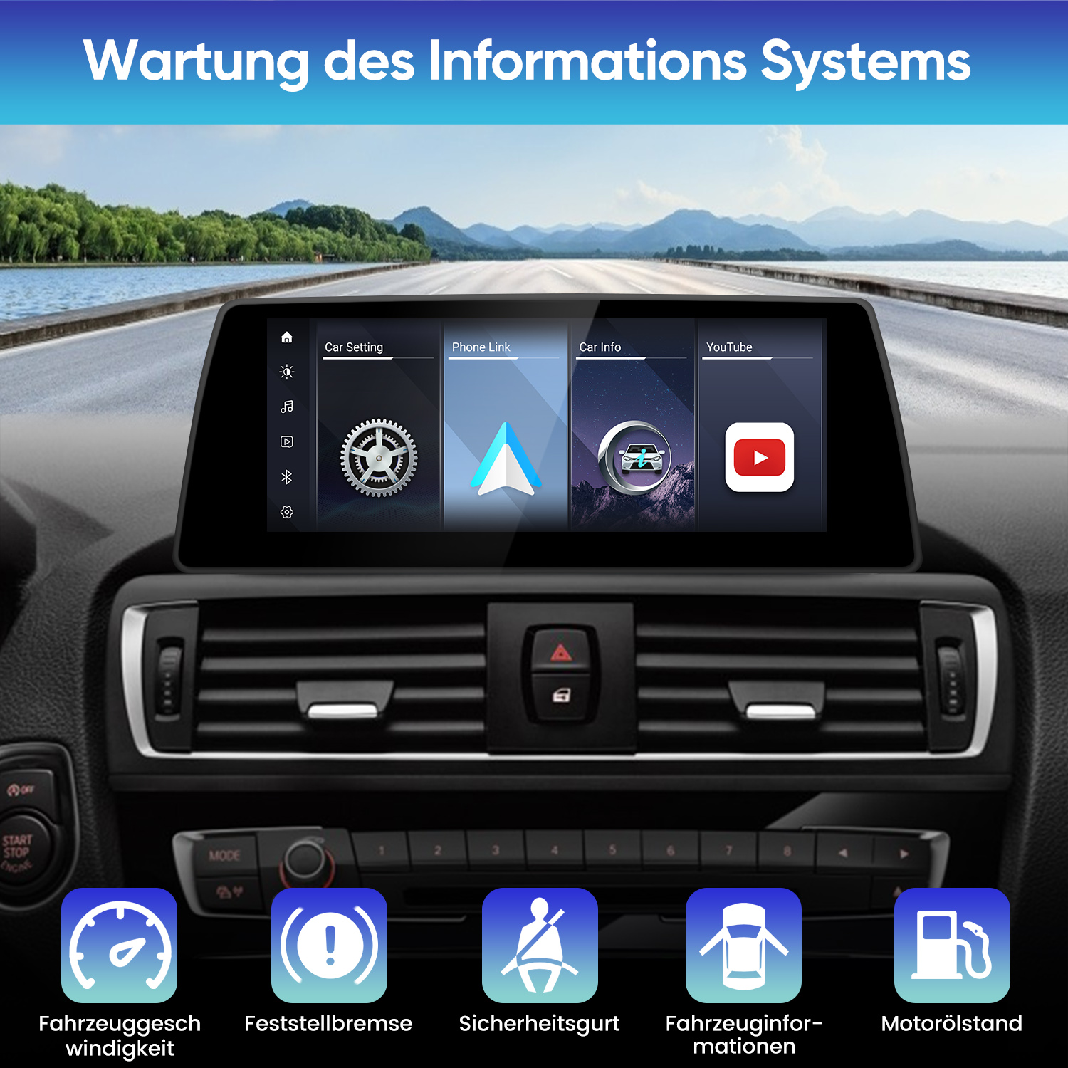 Autoinnenraum mit Infotainmentsystem, das Menüs wie Car Setting, Phone Link, Car Info und YouTube anzeigt.