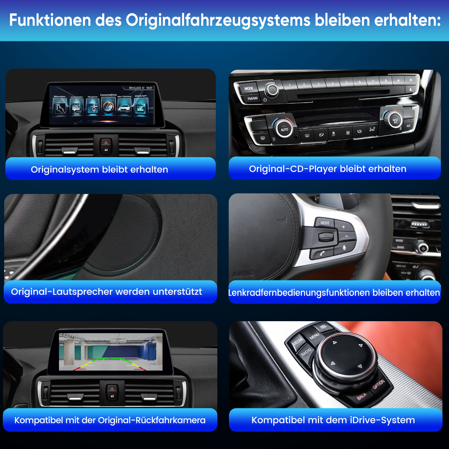 Das Infotainmentsystem eines Autos mit Navigations- und Medienoptionen.