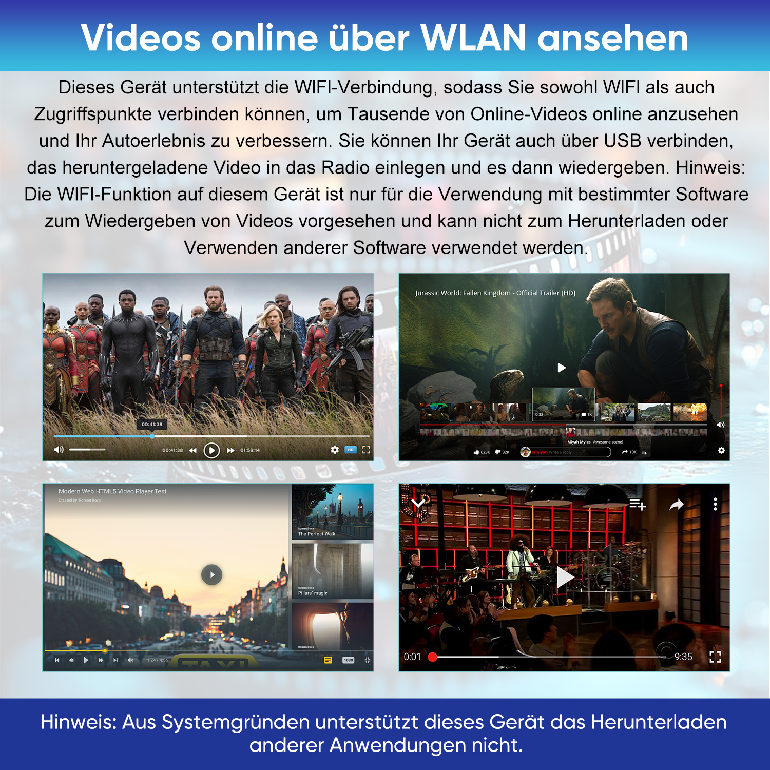 Mehrere Videoplayer-Screenshots: Avengers, Jurassic World, Stadtansicht, Band.