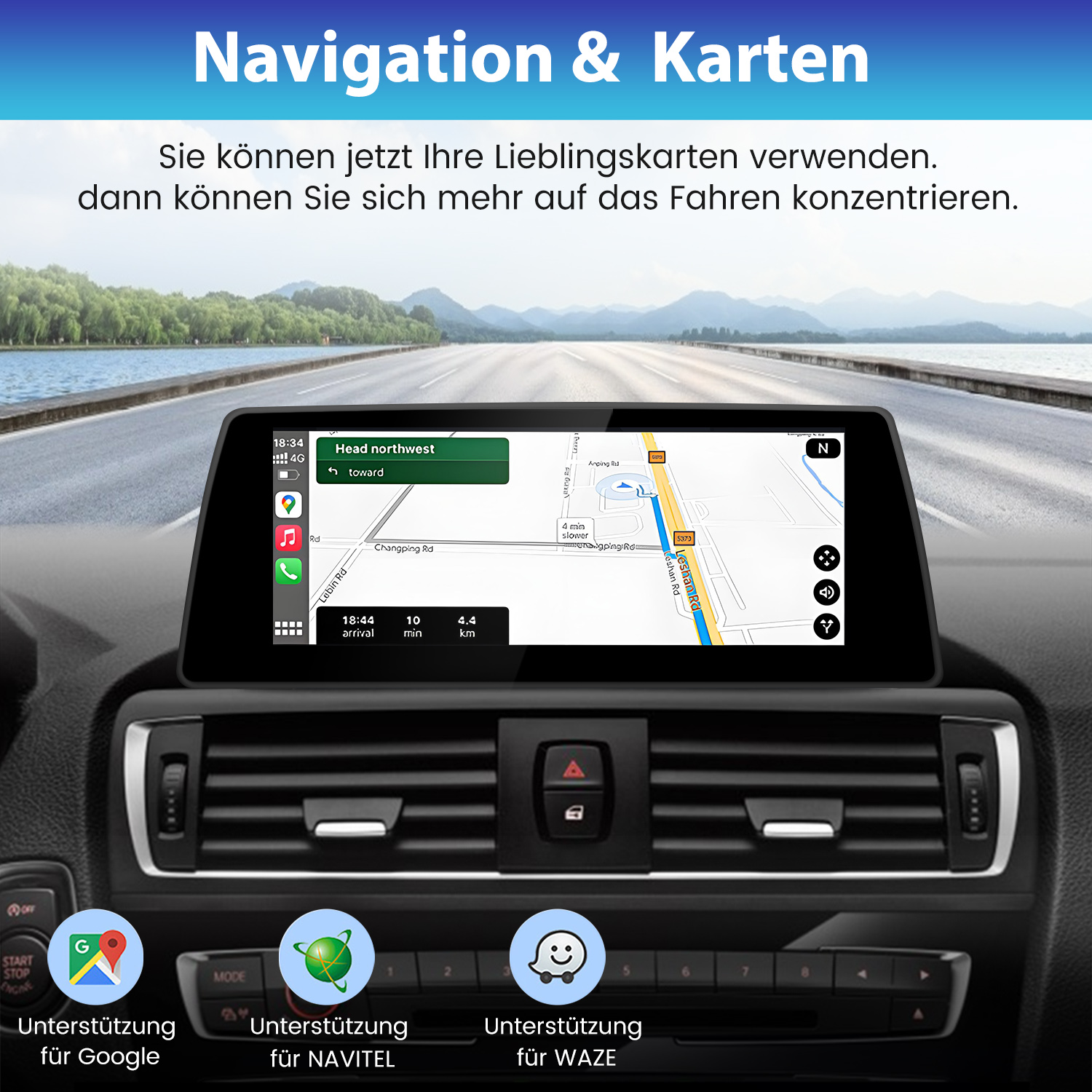 Ein Auto-Navigationssystem zeigt eine Karte mit Routenführung. Unten sind App-Icons für Google, Navitel und Waze.
