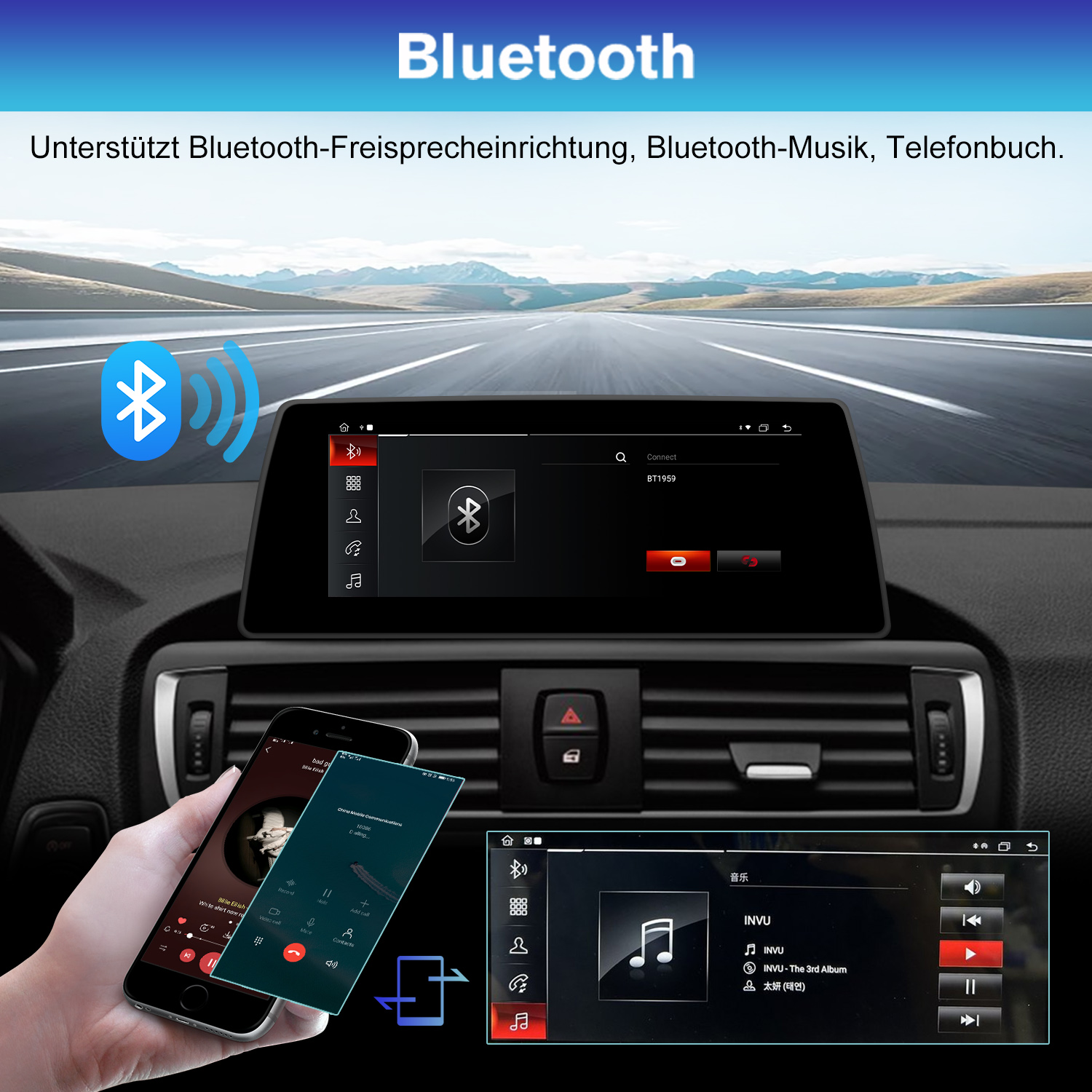 Auto-Infotainmentsystem zeigt Bluetooth-Optionen und einen verbundenen Anruf auf einem Handy.