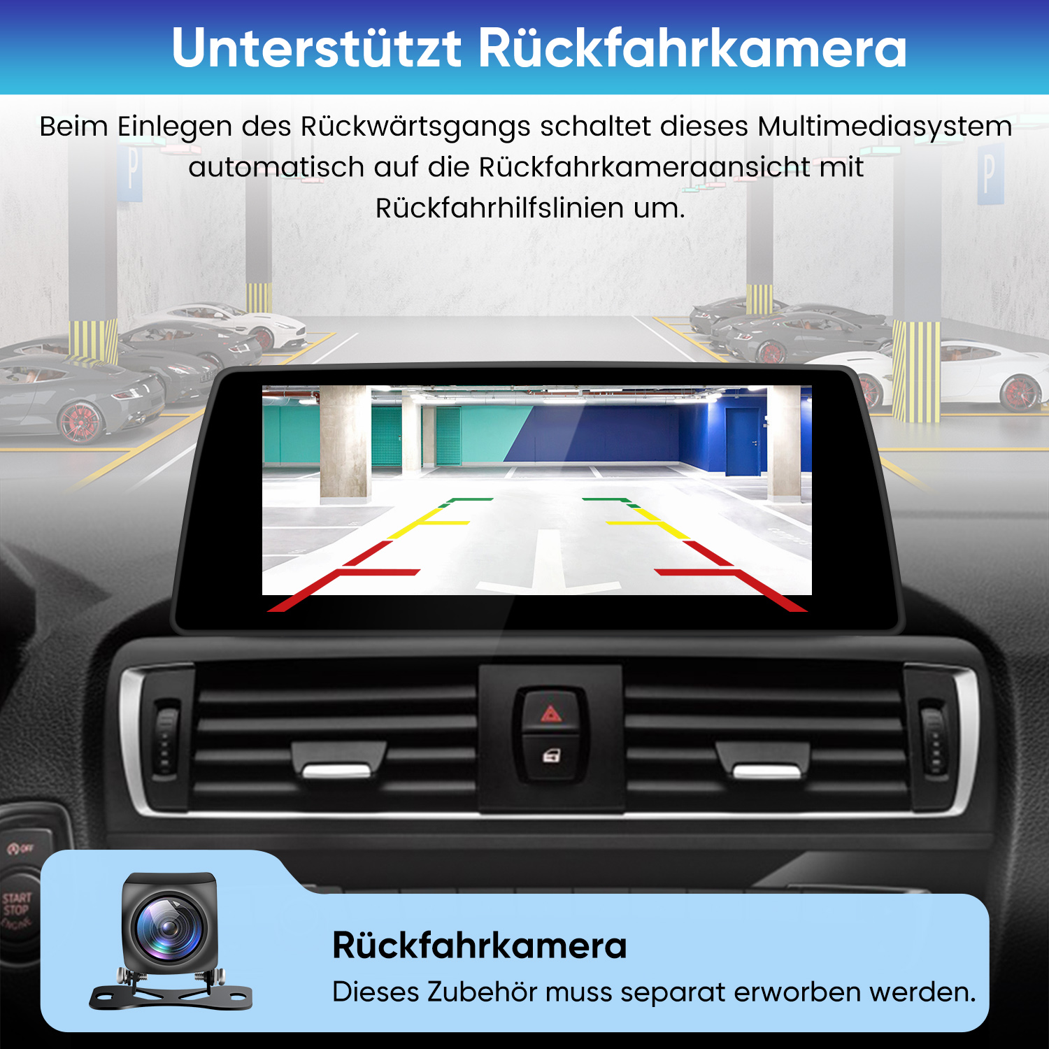 Ein Rückfahrkamera-System mit Hilfslinien in einem Auto-Infotainmentsystem.