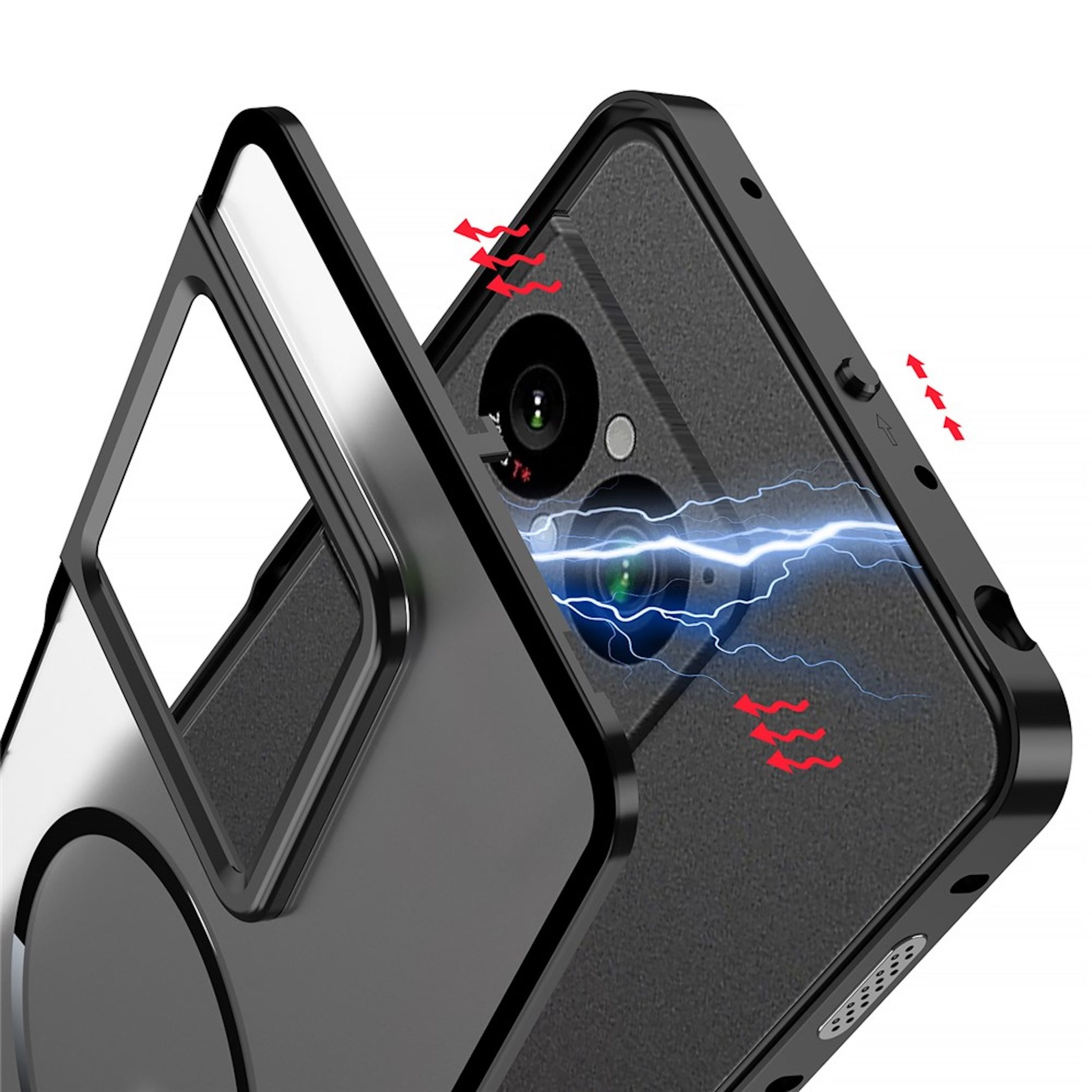Ein schwarzes Handy mit einem durchsichtigen Kameraschutz und blauen Blitzen.