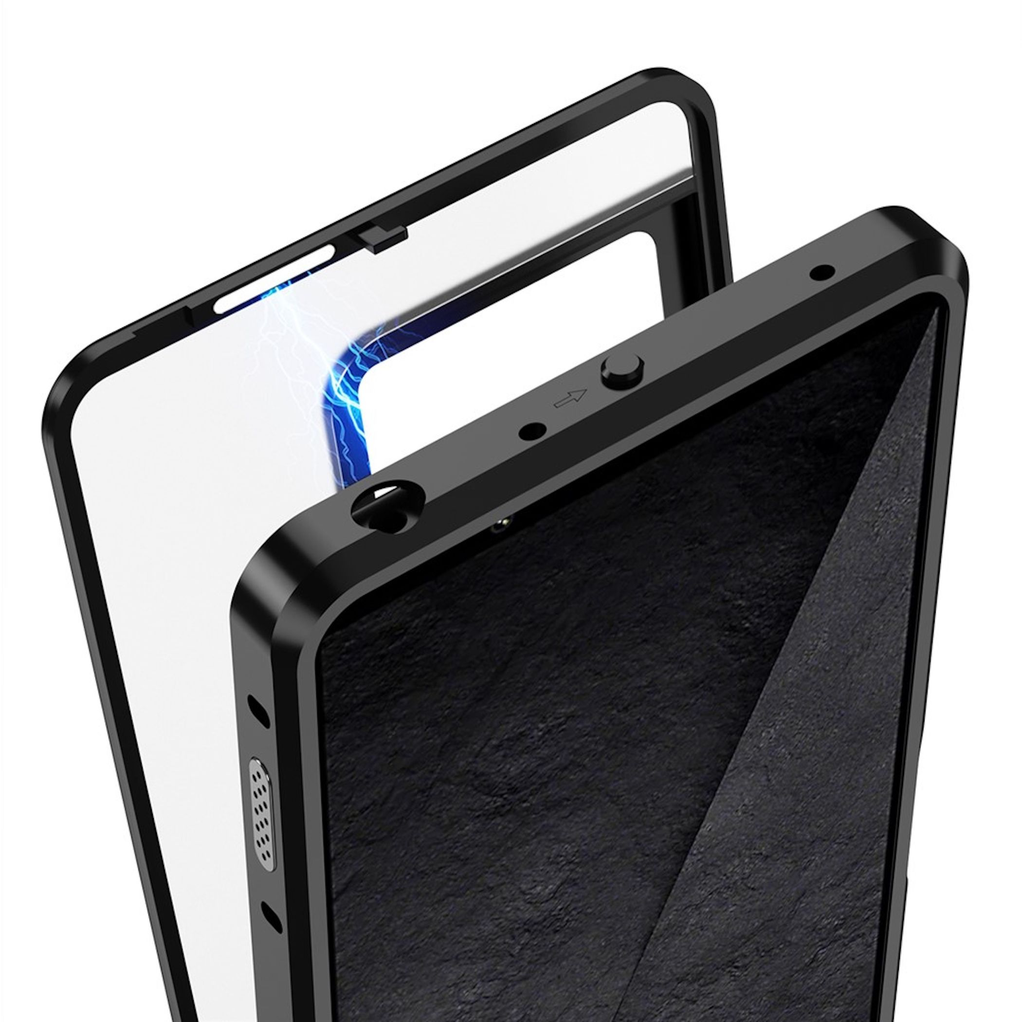 Ein schwarzes Handycover mit einem transparenten Display-Schutz auf weißem Hintergrund.