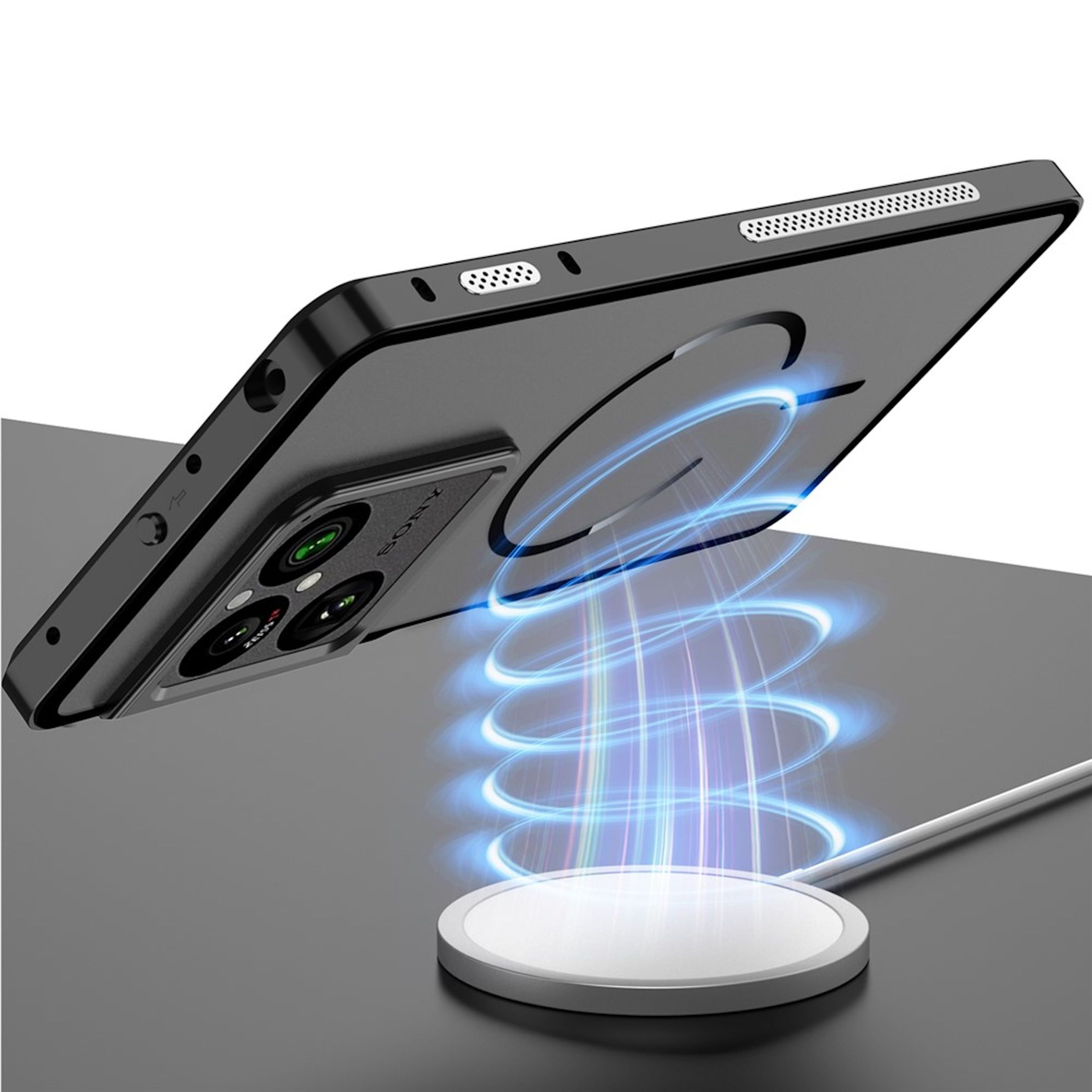 Ein schwarzes Handy mit Kameras wird drahtlos über einer weißen Ladestation geladen.