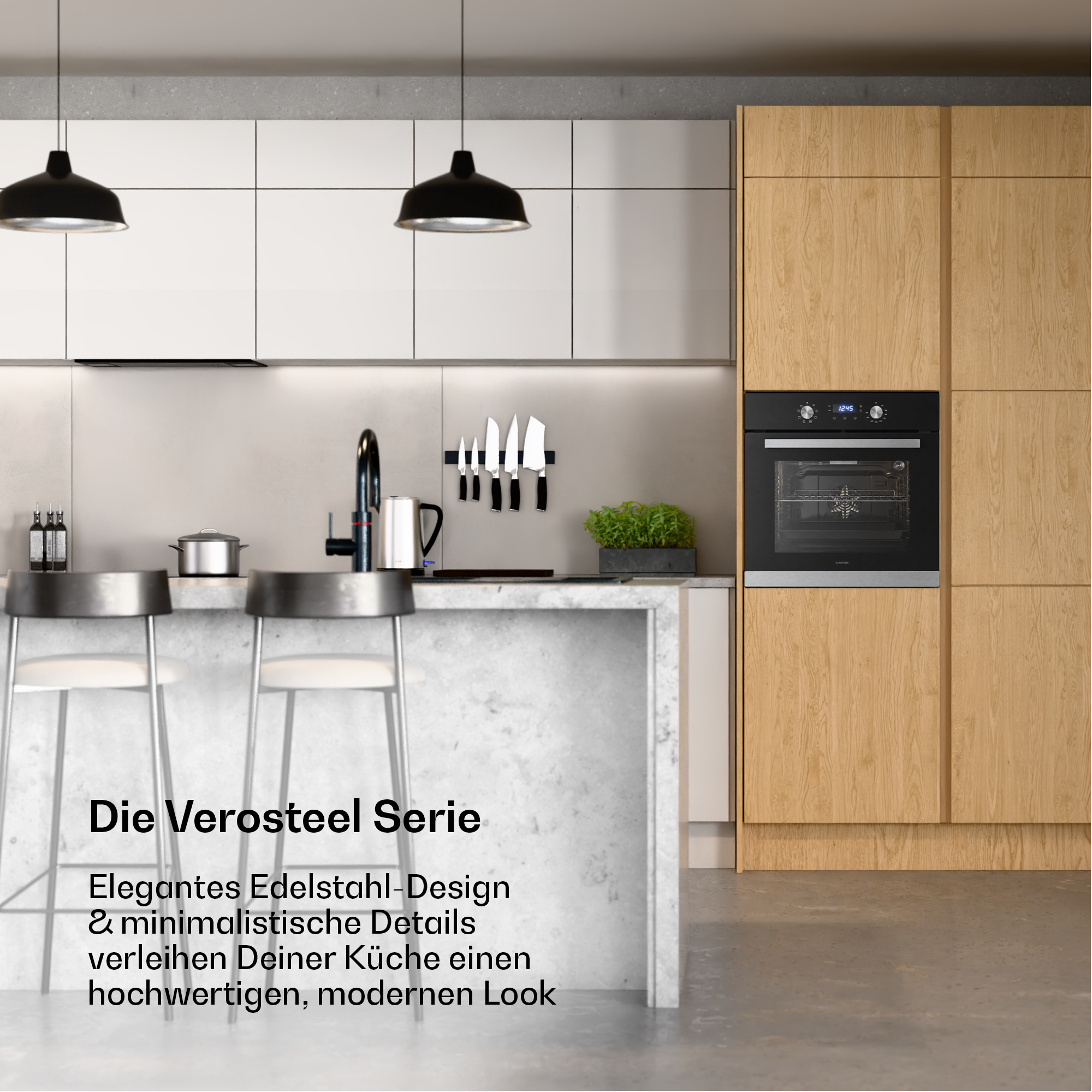 Moderne Küche mit Insel, Barhockern, Ofen und Stahl-Design.