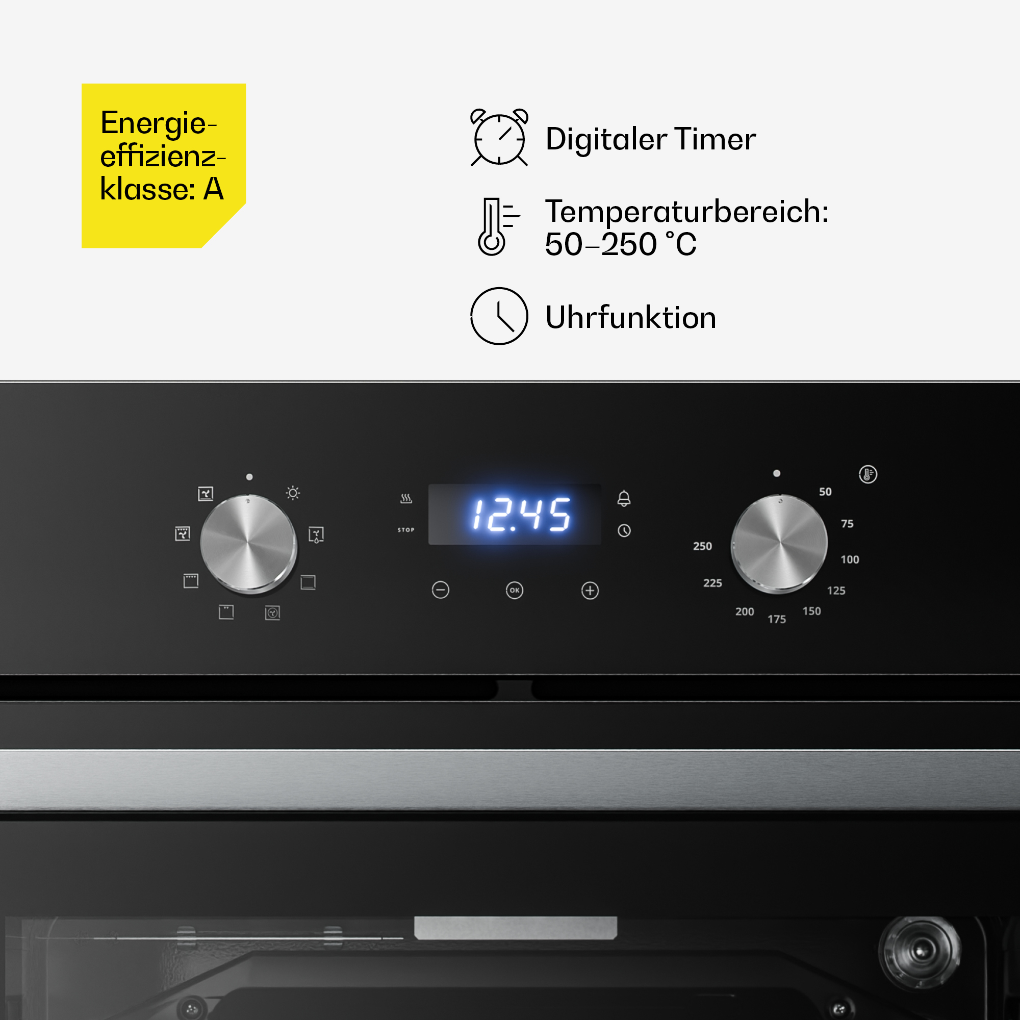 Moderner Ofen mit digitaler Anzeige, Drehreglern und Energieeffizienzklasse A.