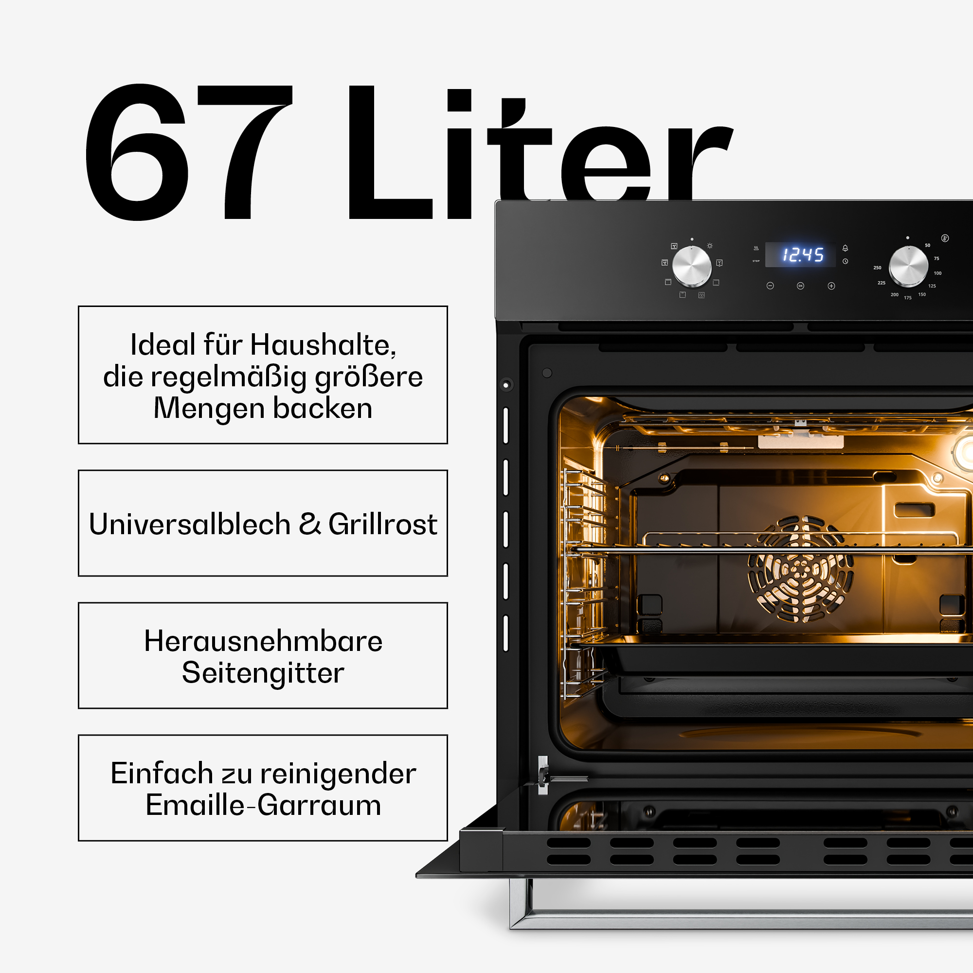 Ein moderner Einbauofen mit 67 Litern, Innenbeleuchtung und digitaler Anzeige.