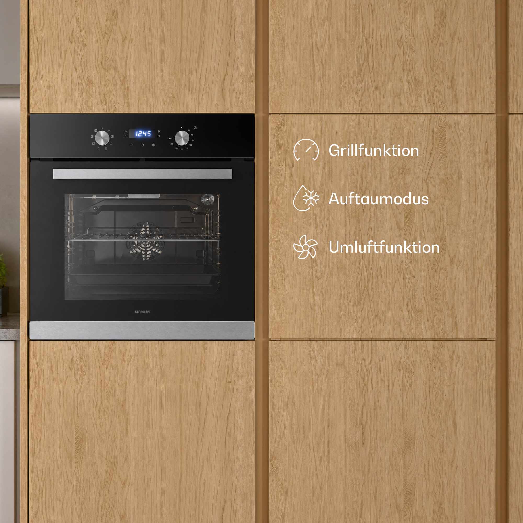 Moderner Einbauofen mit Edelstahlfront und Holzschranktüren. Zeigt Grillfunktion, Auftaufunktion, Umluft.