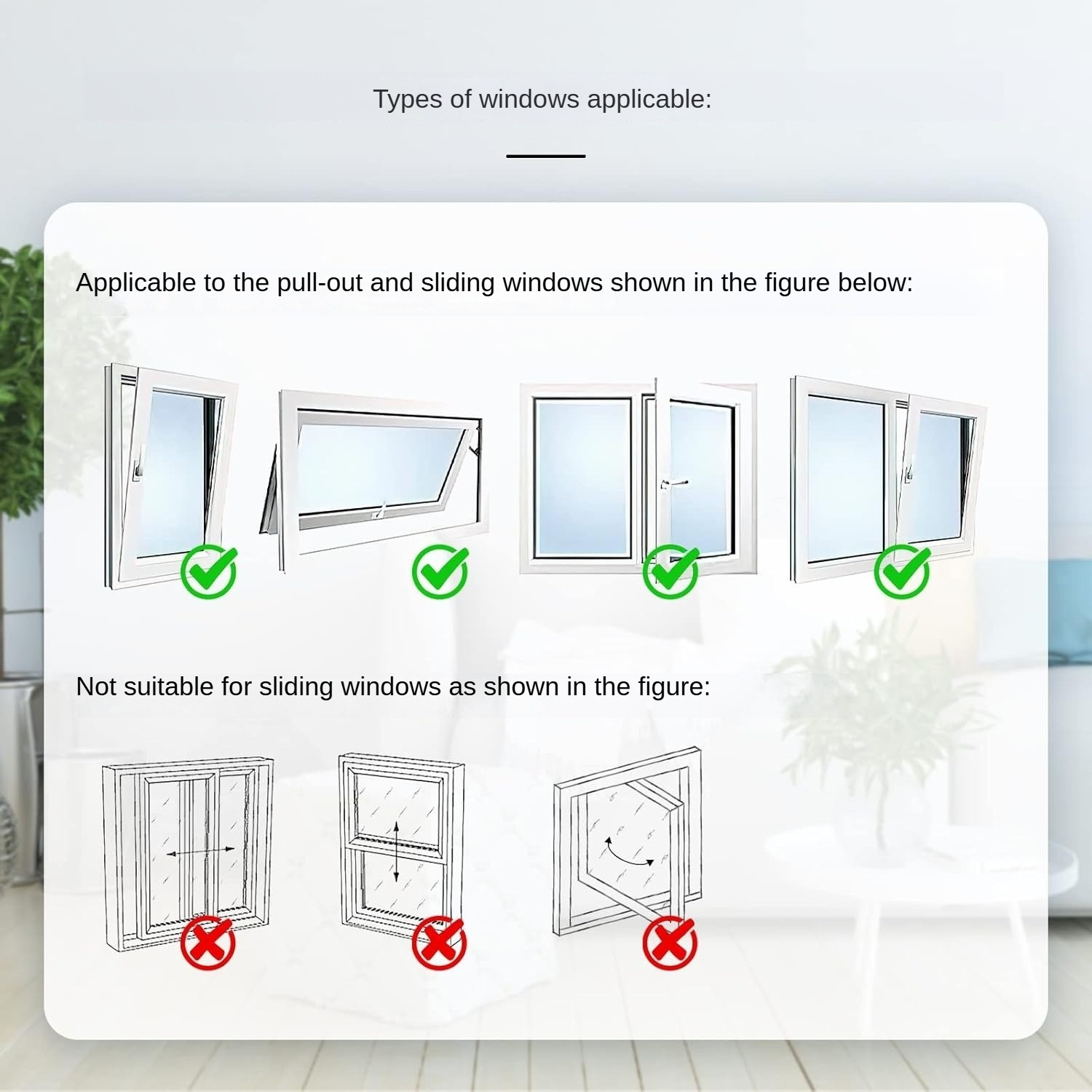 Zeigt anwendbare und nicht anwendbare Fenstertypen für ein Produkt.