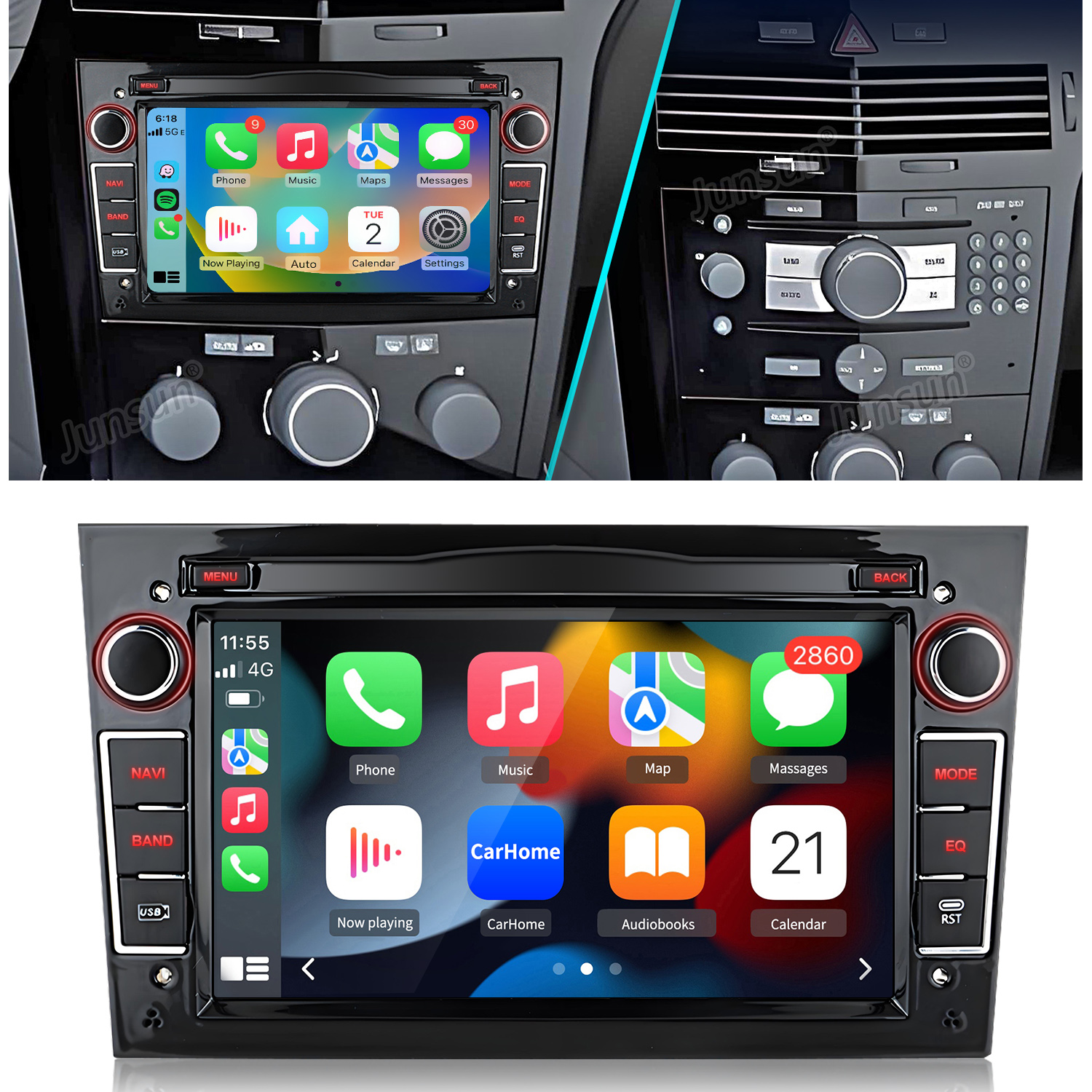Zwei Autoradios mit Touchscreen-Displays, die Apple CarPlay zeigen.