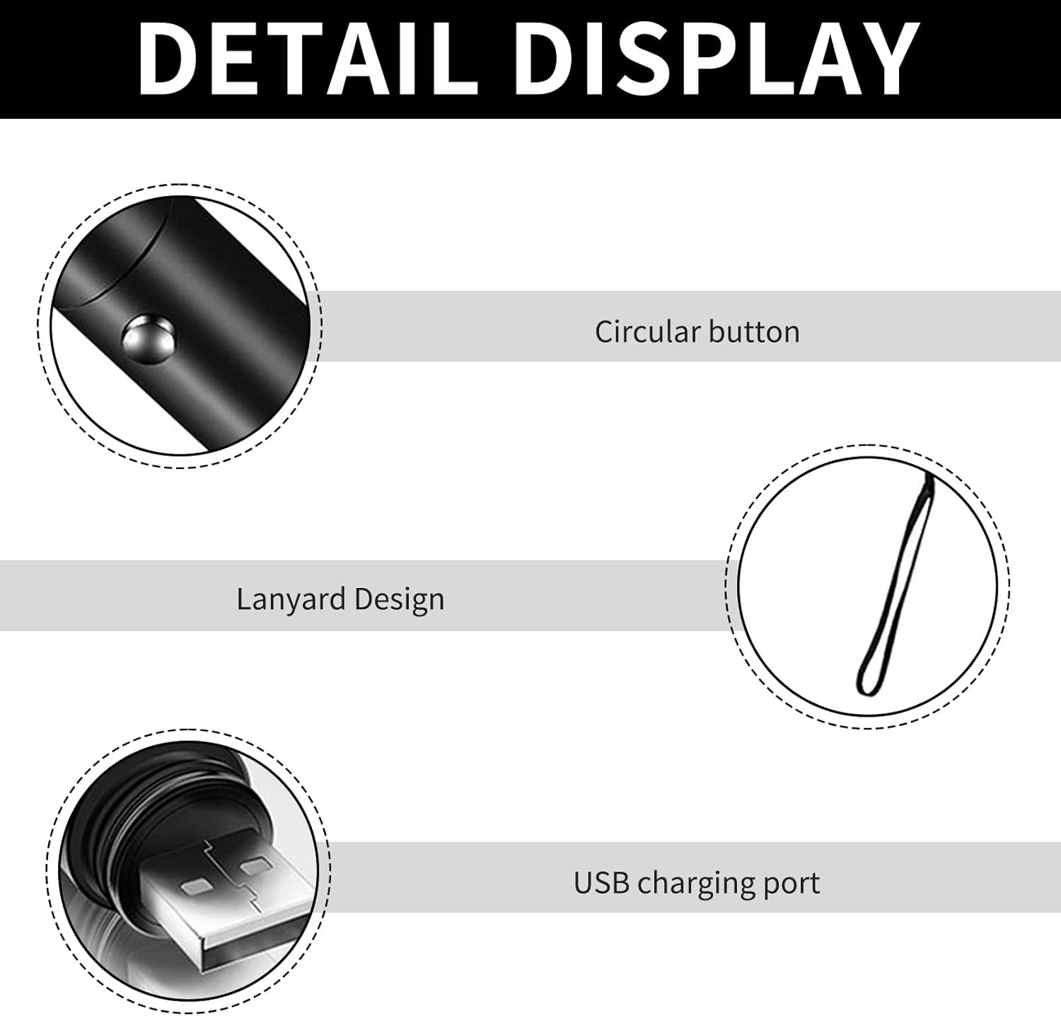 Details: runder Knopf, Lanyard-Design, USB-Ladeanschluss.