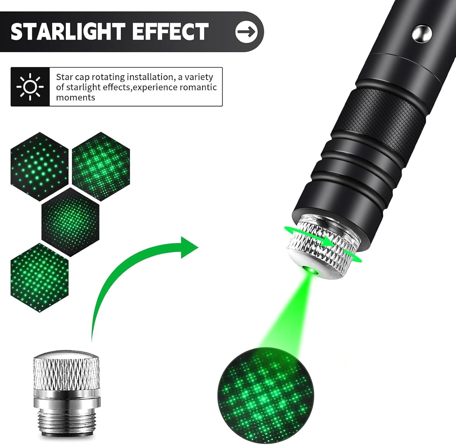 Schwarzer Laserpointer mit Sternenkappe, projiziert grüne Punkte. Muster sind sichtbar.
