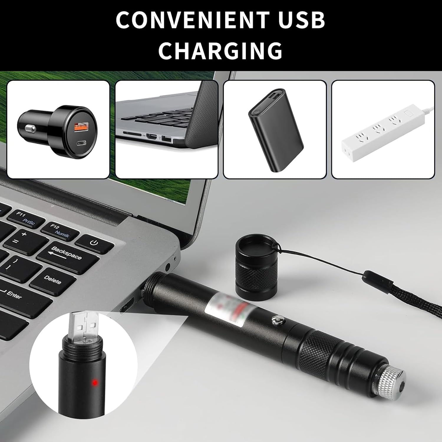 Laptop mit USB-Geräten: Autoladegerät, Powerbank, Steckdosenleiste.