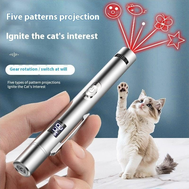 Ein silberner Laserpointer projiziert rote Muster (Gesicht, Maus, Schmetterling, Stern) für eine Katze.