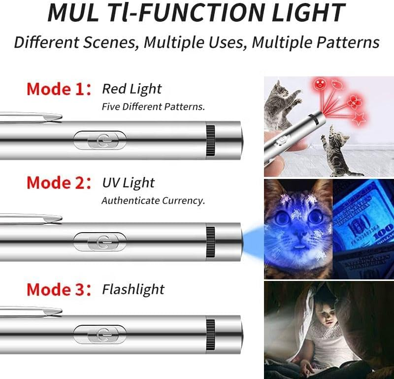 Multifunktionslicht: Rotes Licht, UV-Licht, Taschenlampe. Zeigt Katzen, Geld und ein Kind.