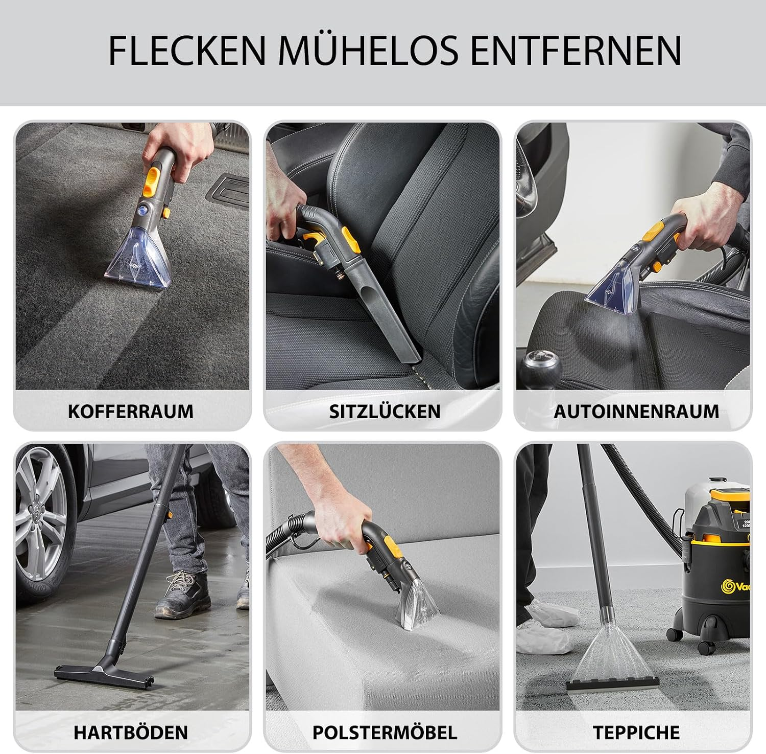 Gerät zur Fleckenentfernung in Kofferräumen, Sitzlücken, Autoinnenräumen, Hartböden, Polstermöbeln und Teppichen.