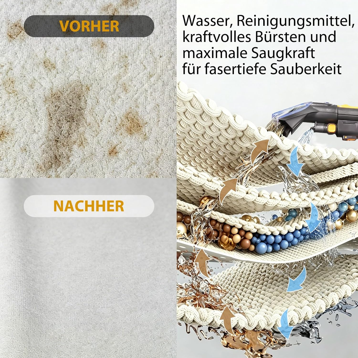 Vorher/Nachher-Vergleich eines Teppichs mit Reinigungsdetails.