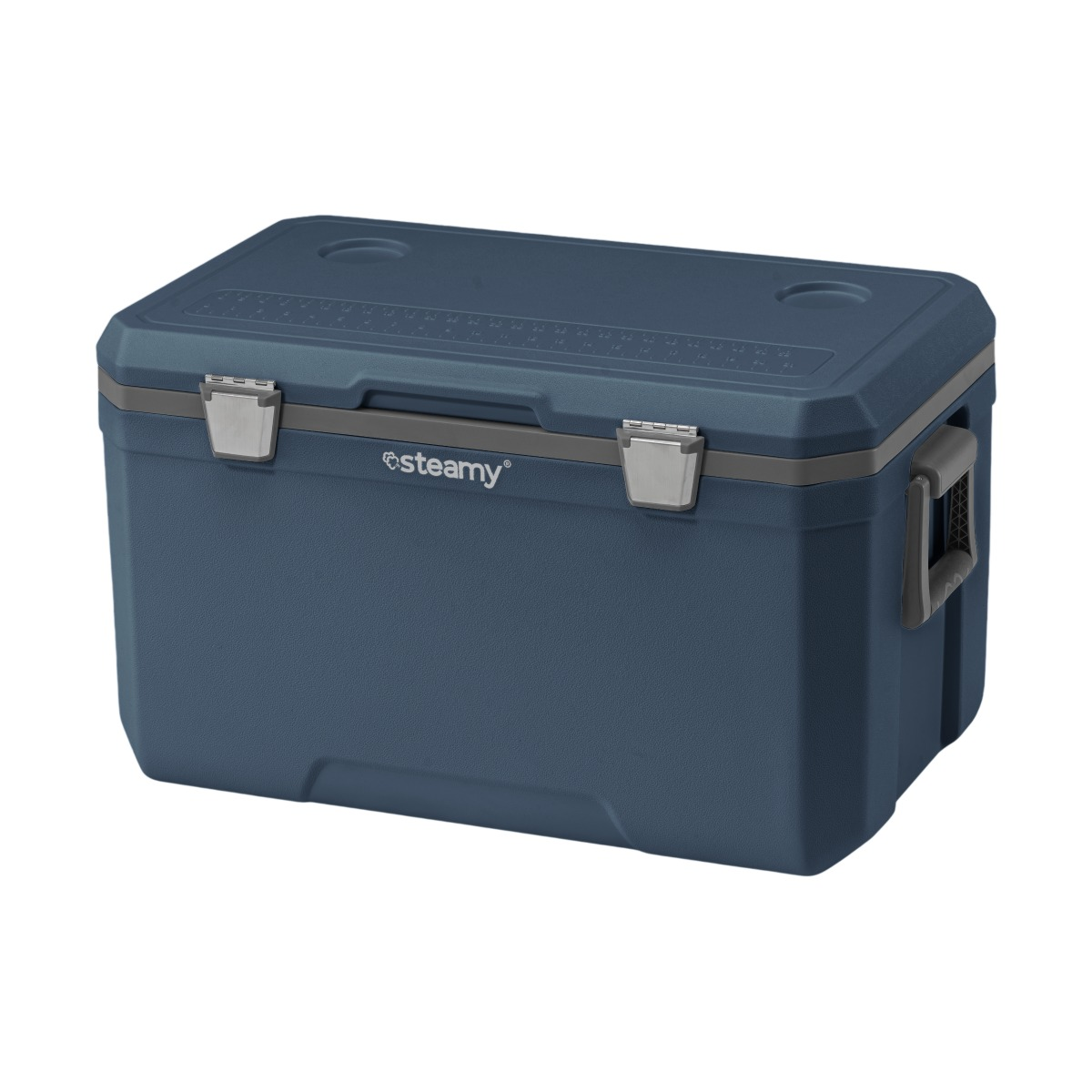 Eine blaue Kühlbox mit grauem Rand und Griff, geschlossen und auf weißem Grund.