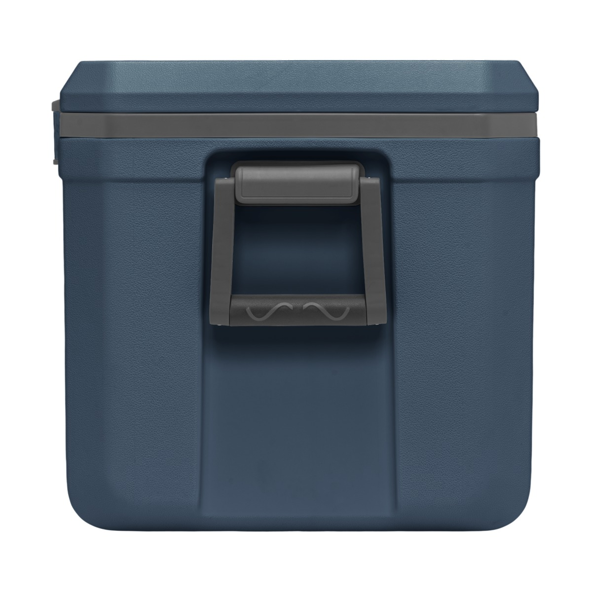 Eine dunkelblaue Kühlbox mit grauem Griff und Deckelrand.