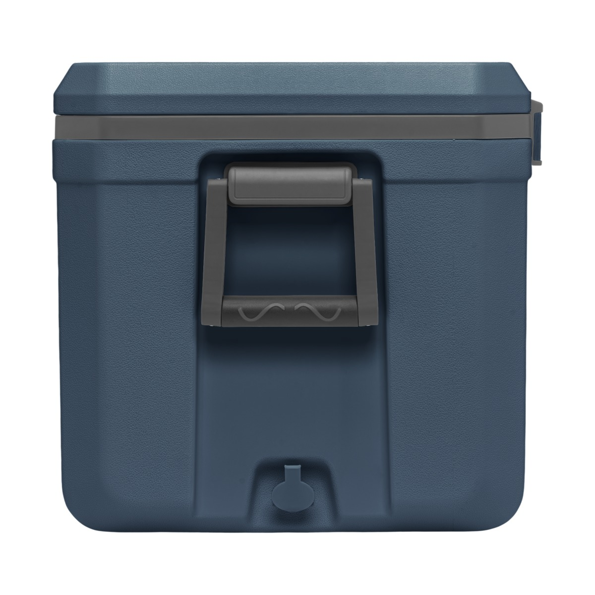 Eine marineblaue Kühltruhe mit grauem Griff und Deckel, isoliert auf weißem Hintergrund.