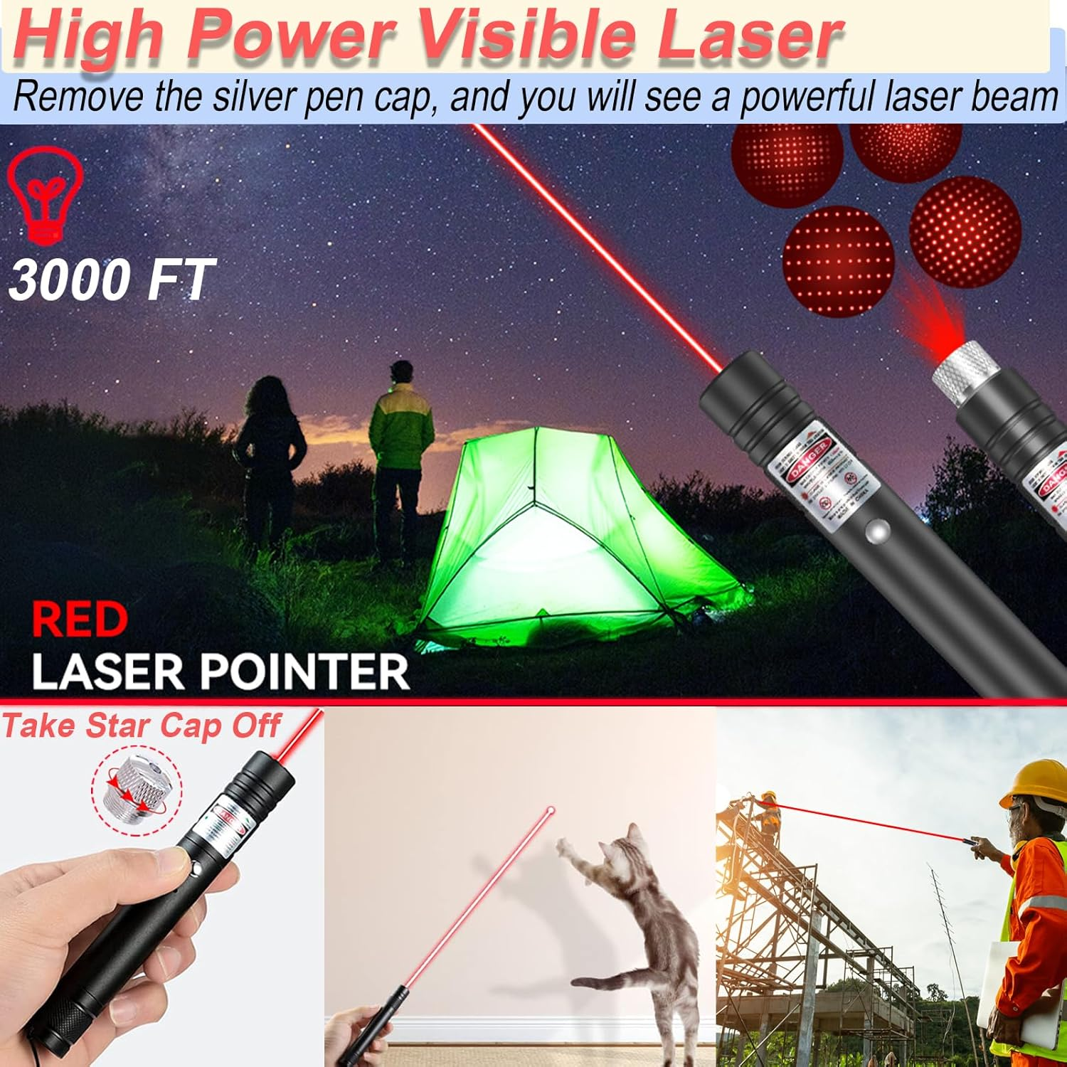 Ein roter Laserpointer wird in verschiedenen Szenarien gezeigt, darunter Camping und Bauarbeiten.
