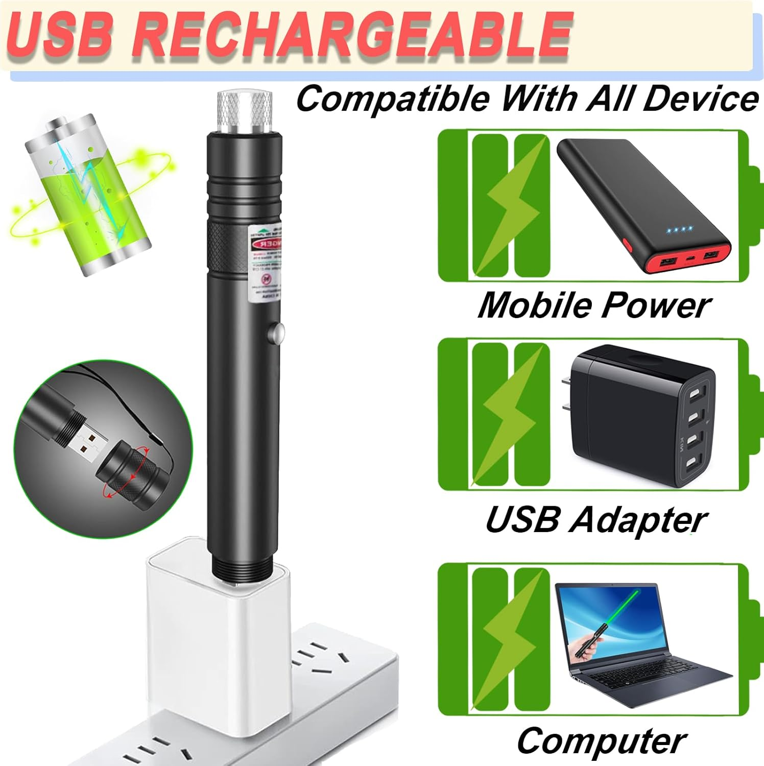 Ein schwarzer Laserpointer wird an ein weißes Ladegerät angeschlossen, das in eine Steckdosenleiste gesteckt ist.