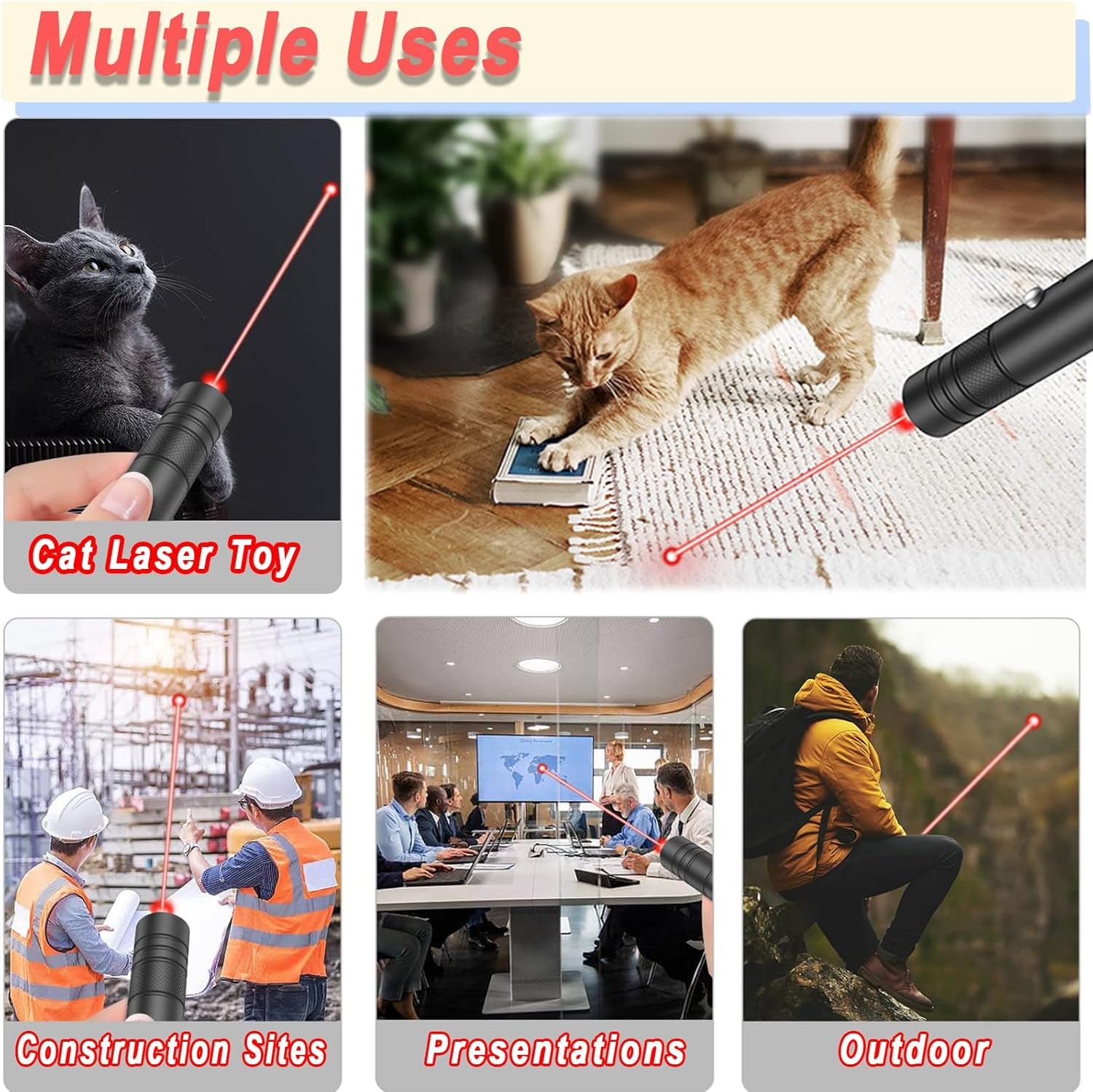 Collage: Katzen spielen, Bauarbeiter, Meeting, Wanderer. Laserpointer gezeigt.
