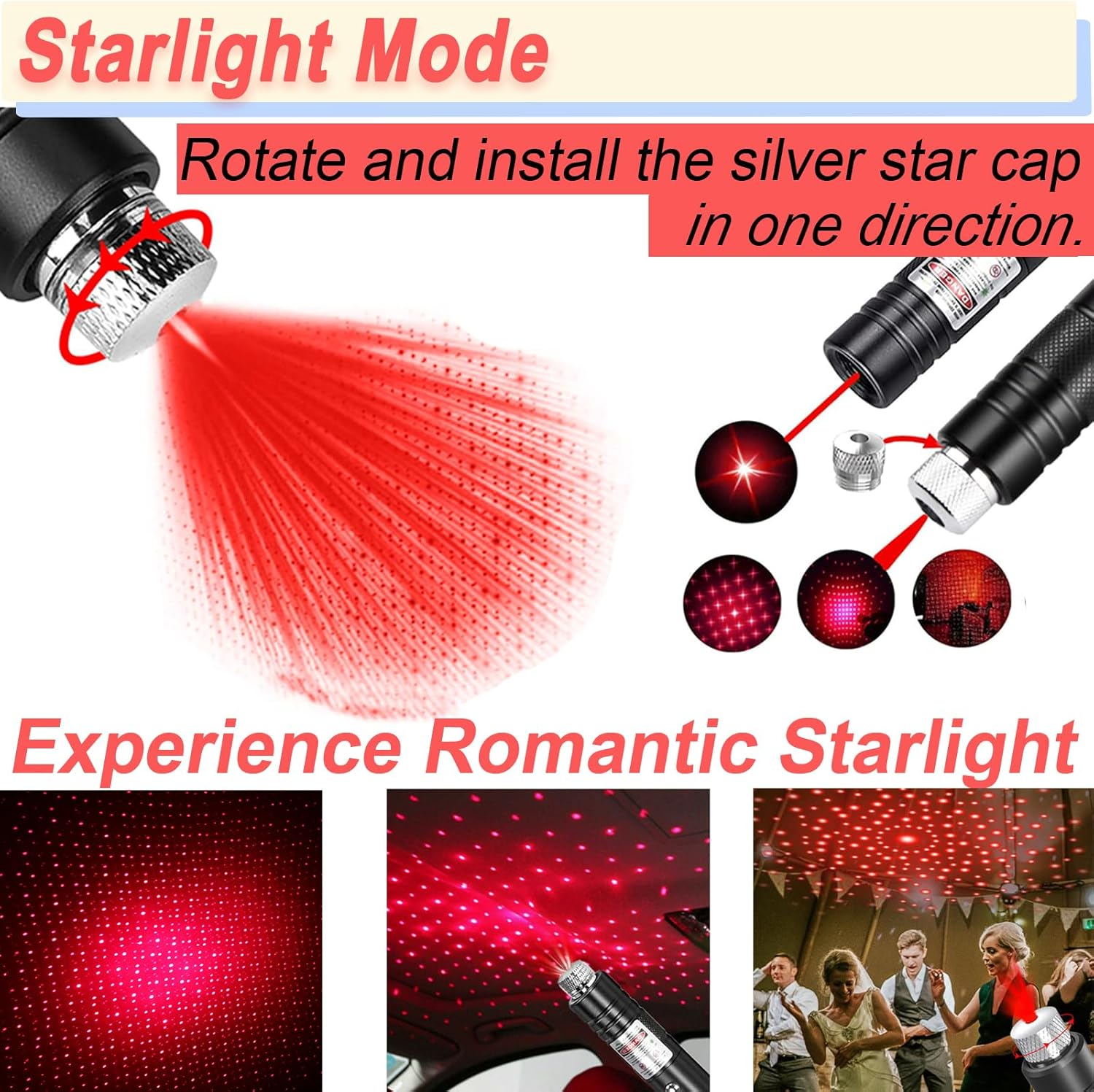 Roter Laser emittiert Sternenlichtmuster. Anleitung zum Anbringen der Sternkappe.