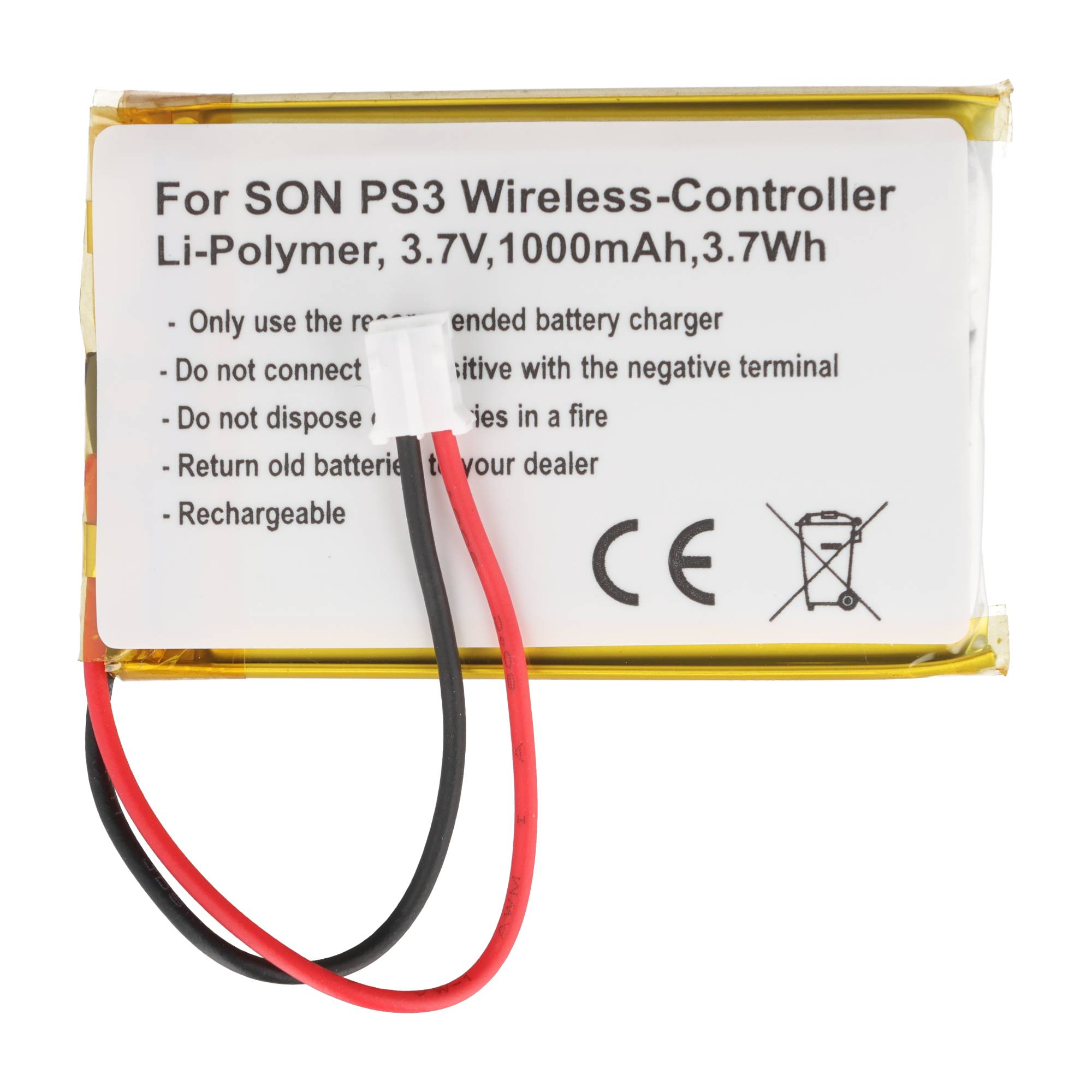 PS3 Controller Akku: Li-Polymer, 3.7V, 1000mAh, mit roten/schwarzen Kabeln.