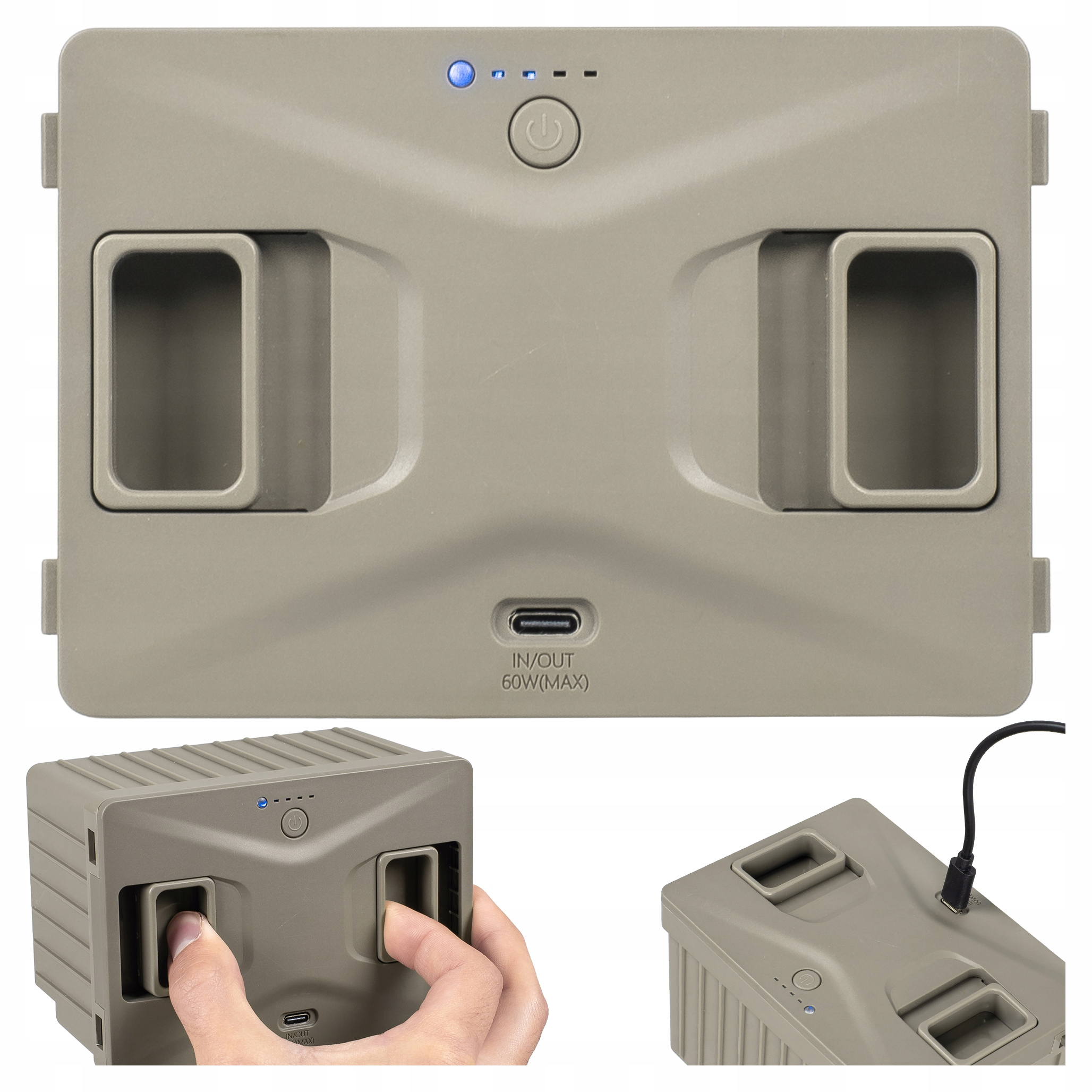 Szara ładowarka z dwoma gniazdami i portem USB-C.