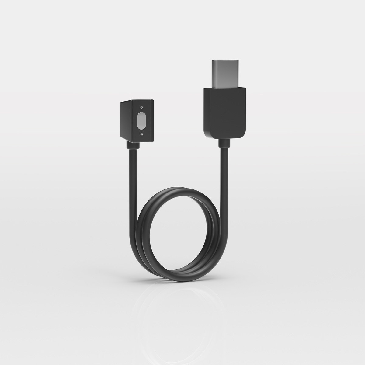 Ein schwarzes Ladekabel mit USB-C-Stecker und magnetischem Ladeanschluss.