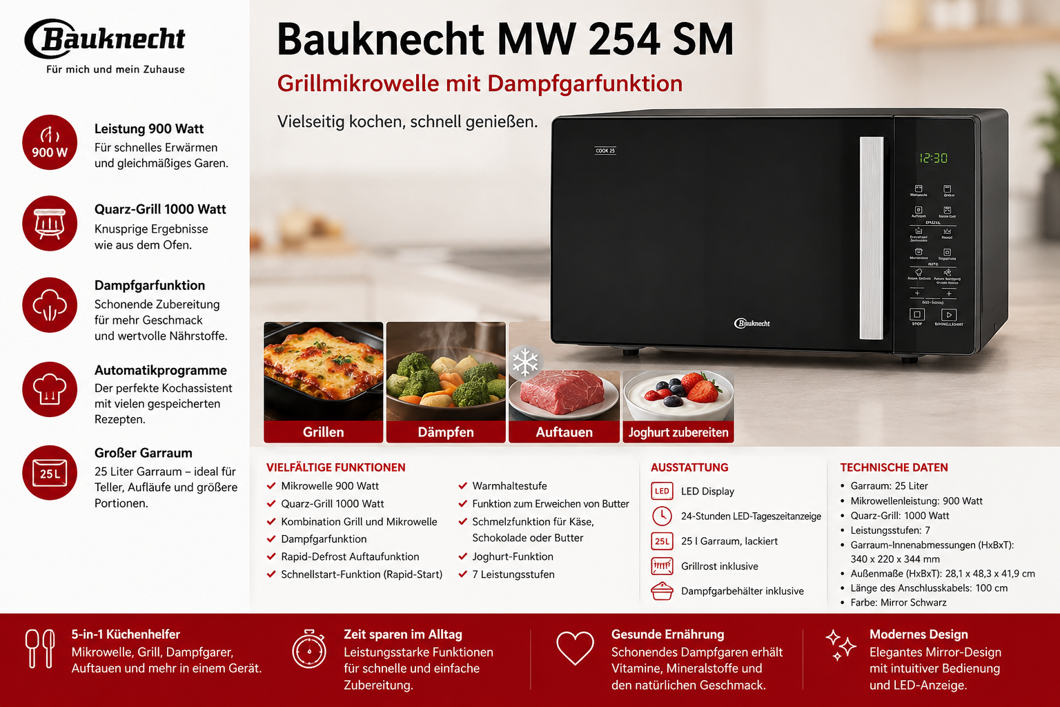 Bauknecht Mikrowelle mit Grill- und Dampfgarfunktion: 900W, 25L, LED-Display.