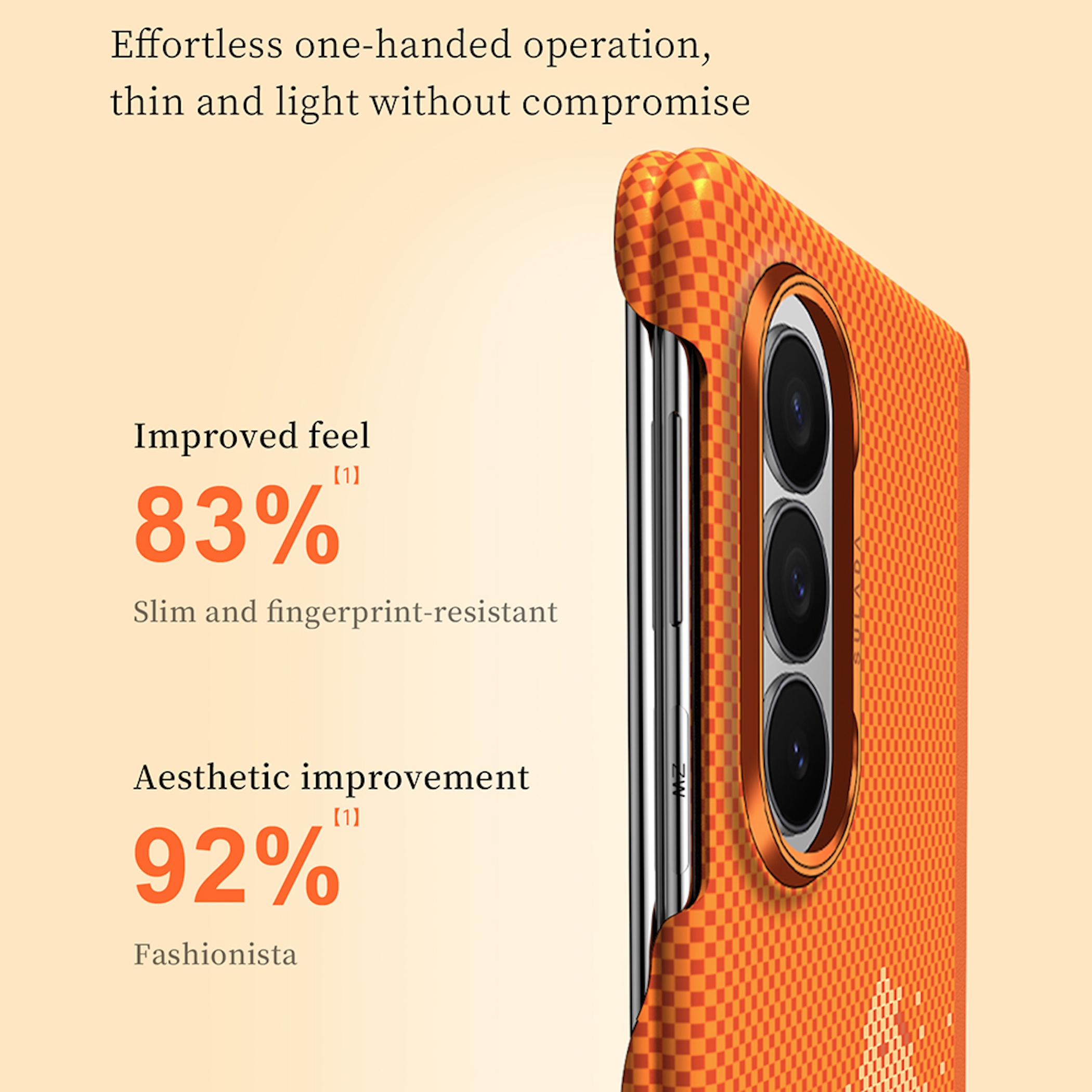Ein orangefarbenes Handy mit kariertem Muster, Kameras und Text.