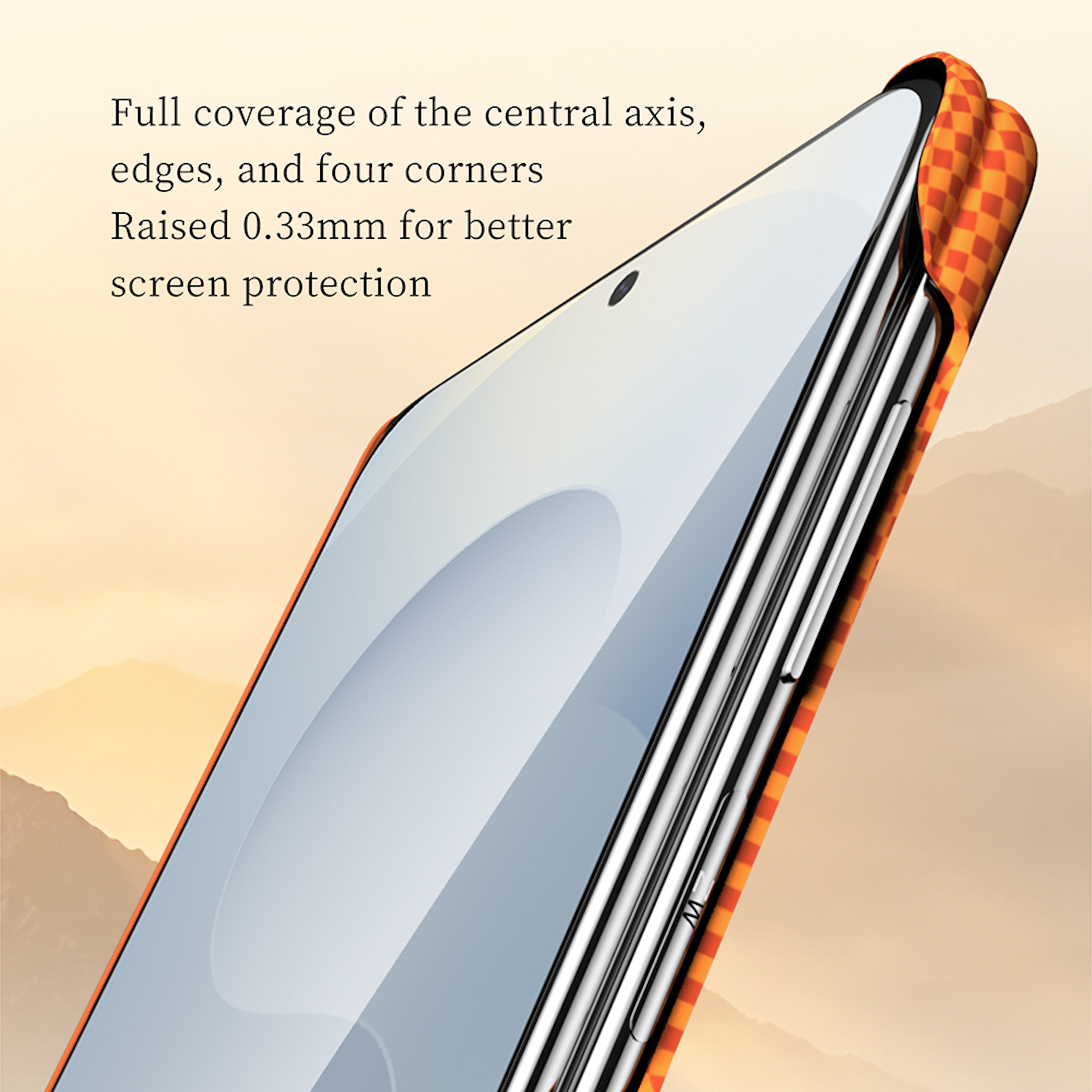 Ein Handy mit orange karierter Hülle, das von oben gezeigt wird.