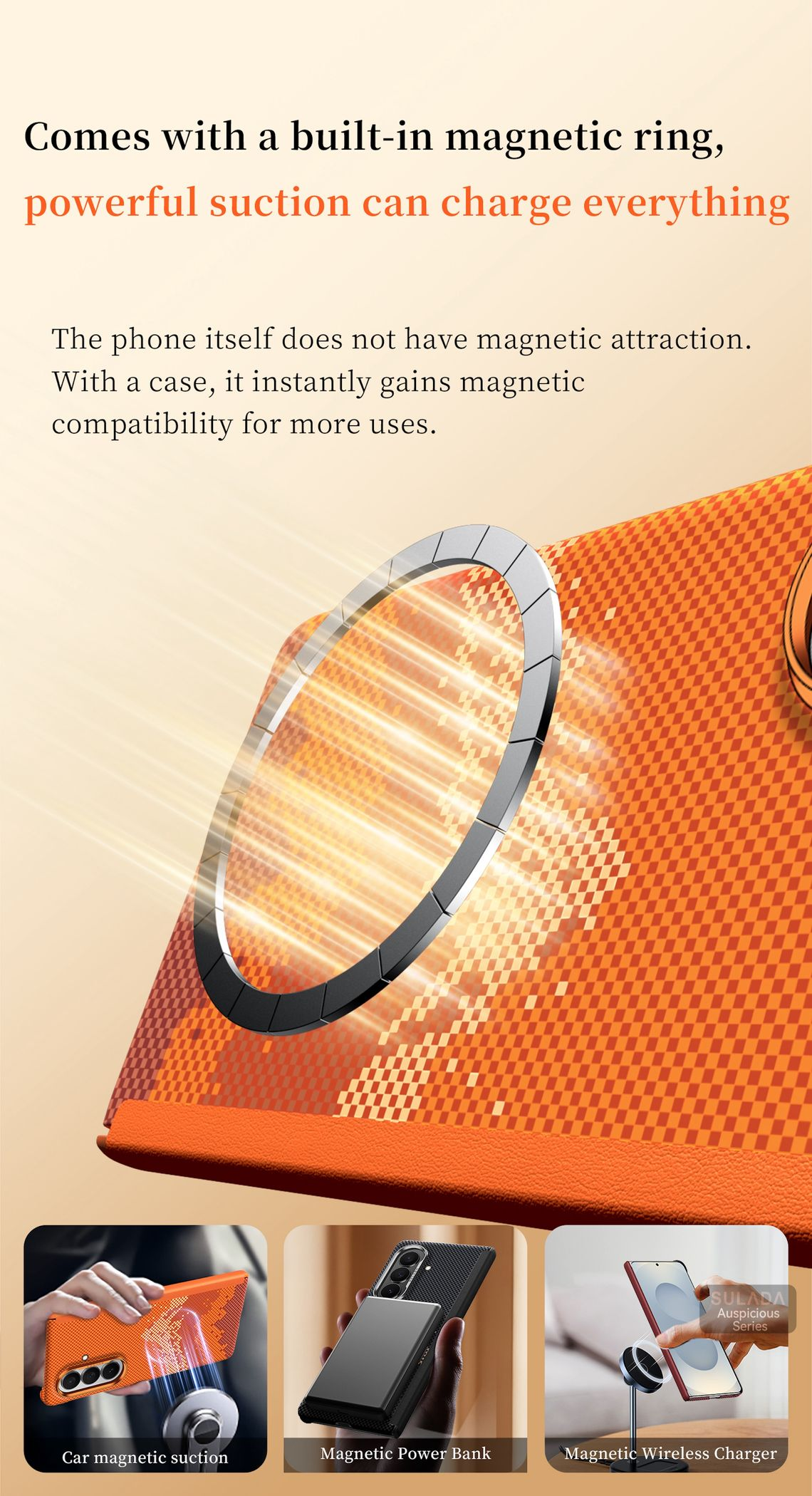 Orange Handyhülle mit magnetischem Ring und Ladefunktion.