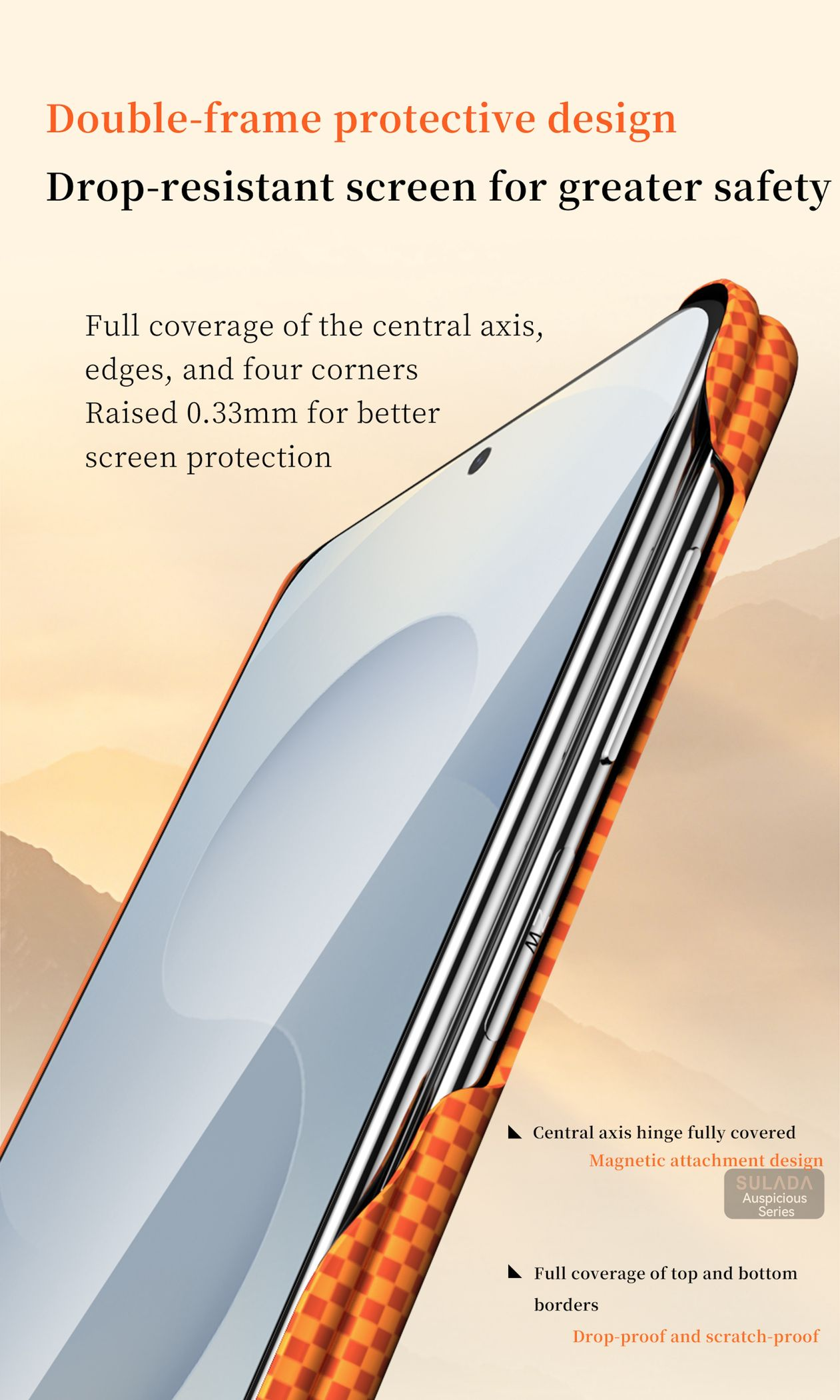 Ein faltbares Telefongehäuse mit orange-kariertem Muster, das den Bildschirm schützt.